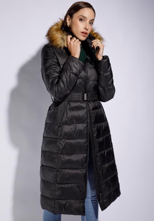 Női steppelt téli kabát szőrmés kapucnival, fekete, 95-9D-400-3-L, Fénykép 1