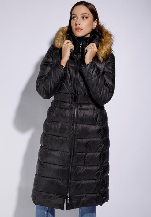 Női steppelt téli kabát szőrmés kapucnival, fekete, 95-9D-400-3-L, Fénykép 2