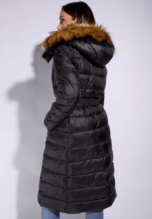 Női steppelt téli kabát szőrmés kapucnival, fekete, 95-9D-400-3-L, Fénykép 4