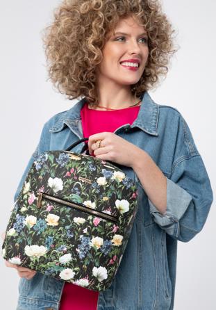 Női virágmintás műbőr kockás fazonú hátizsák, fekete, 98-4Y-201-1, Fénykép 1