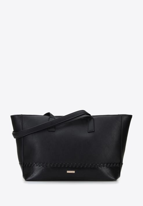 Shopper táska dekoratív szalaggal és bőszíjjal, fekete, 95-4Y-524-P, Fénykép 1