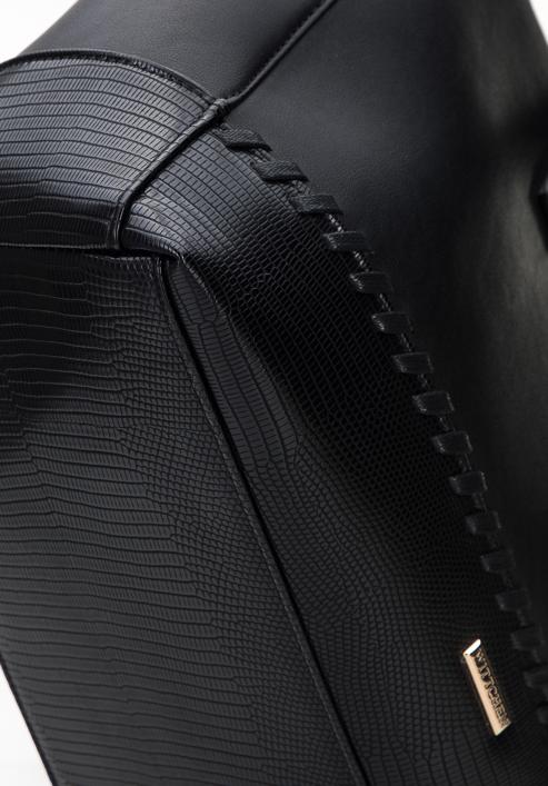 Shopper táska dekoratív szalaggal és bőszíjjal, fekete, 95-4Y-524-P, Fénykép 5