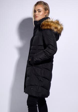 Steppelt női pehelykabát szőrmés kapucnival, fekete, 95-9D-405-1-S, Fénykép 1