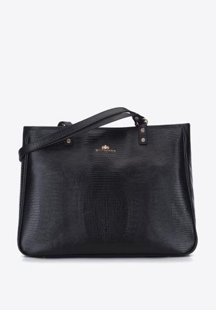 Szögletes női bőr shopper táska gyíkbőr textúrával, fekete, 15-4-239-1, Fénykép 1