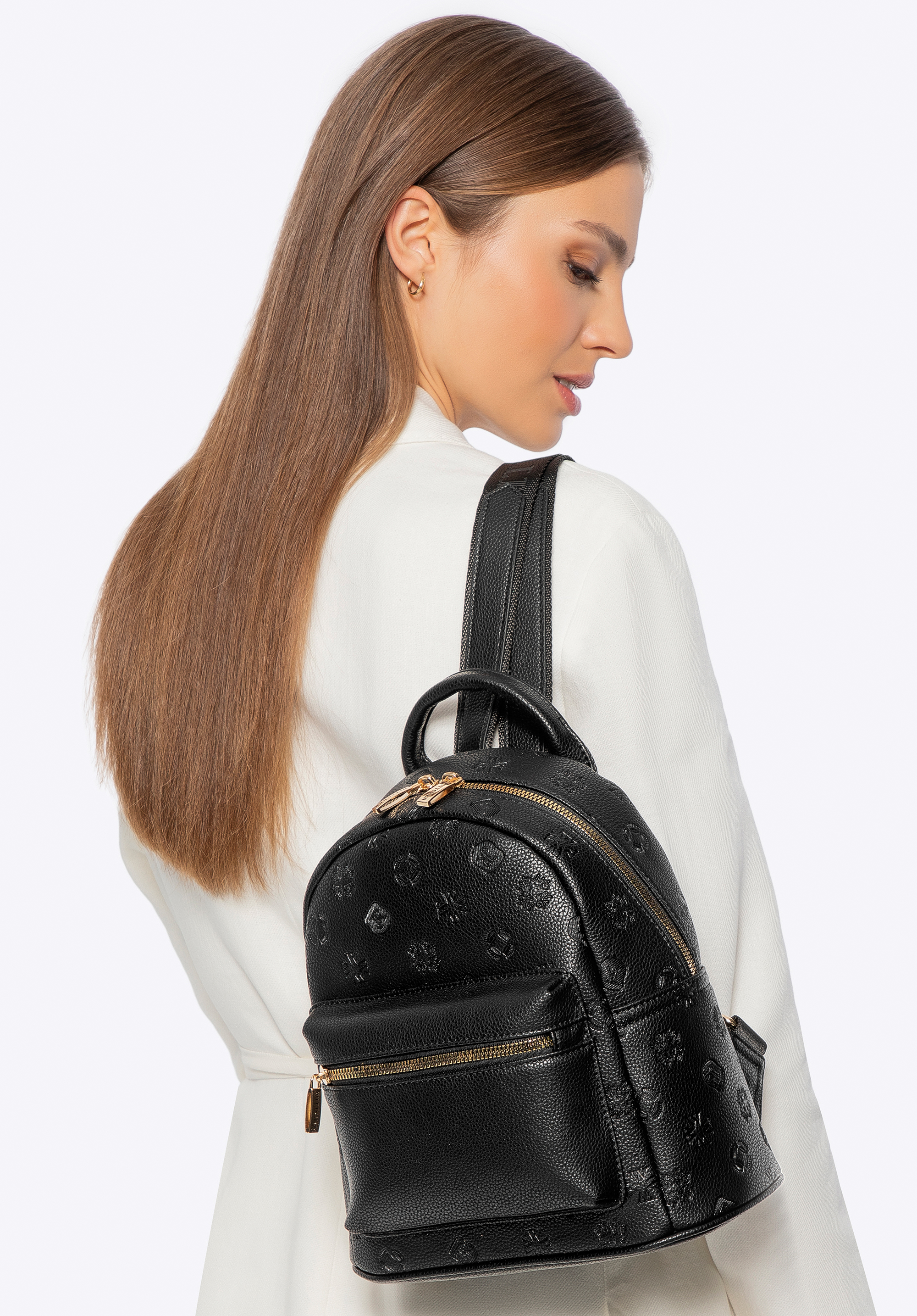 Női dombornyomott műbőr hátizsák, fekete, 101-4Y-P09-1, Fénykép 1