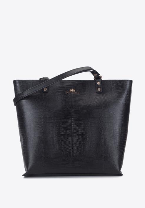 Trapéz alakú gyíkbőr textúrájú bőr shopper táska, fekete, 15-4-241-1, Fénykép 1