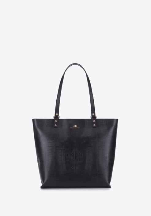 Trapéz alakú gyíkbőr textúrájú bőr shopper táska, fekete, 15-4-241-1, Fénykép 2