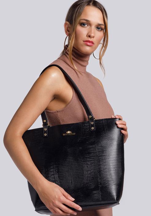 Trapéz alakú gyíkbőr textúrájú bőr shopper táska, fekete, 15-4-241-1, Fénykép 9