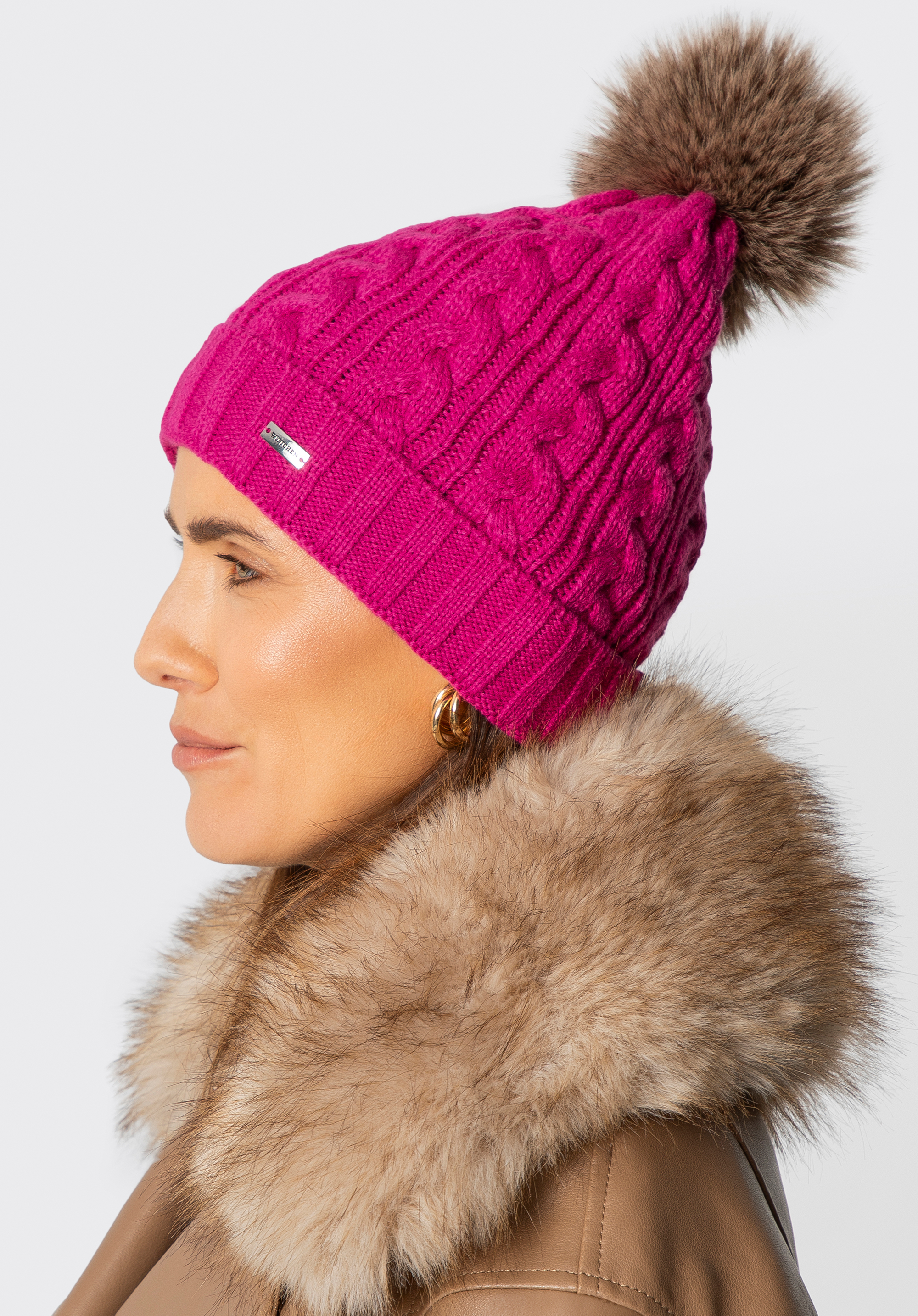 Damen Wintermütze mit Zopfmuster und Bommel, Fuchsia, 101-HF-016-P, Bild 1