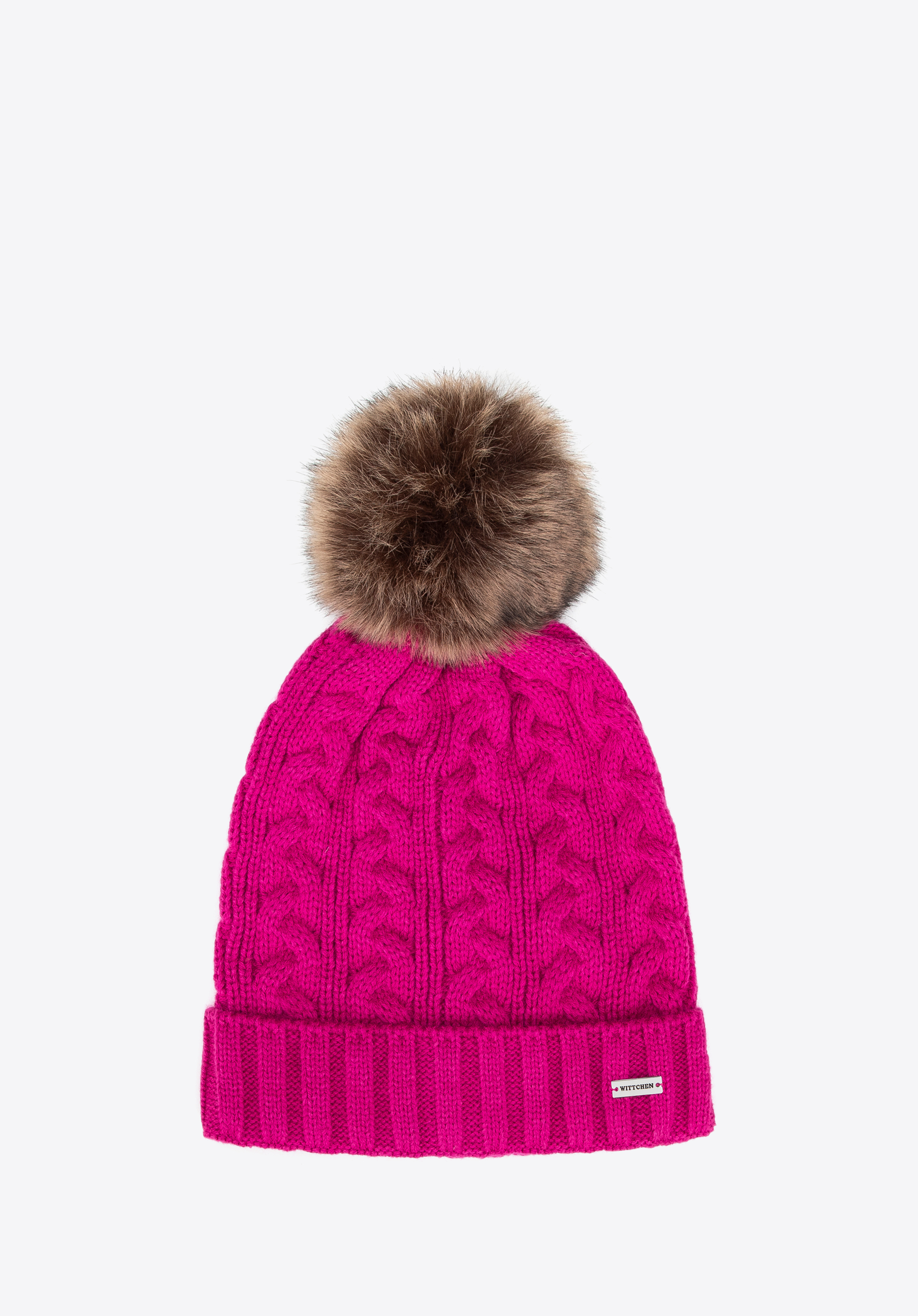 Damenmütze mit Zopfmuster und Bommel, Fuchsia, 101-HF-016-P, Bild 1