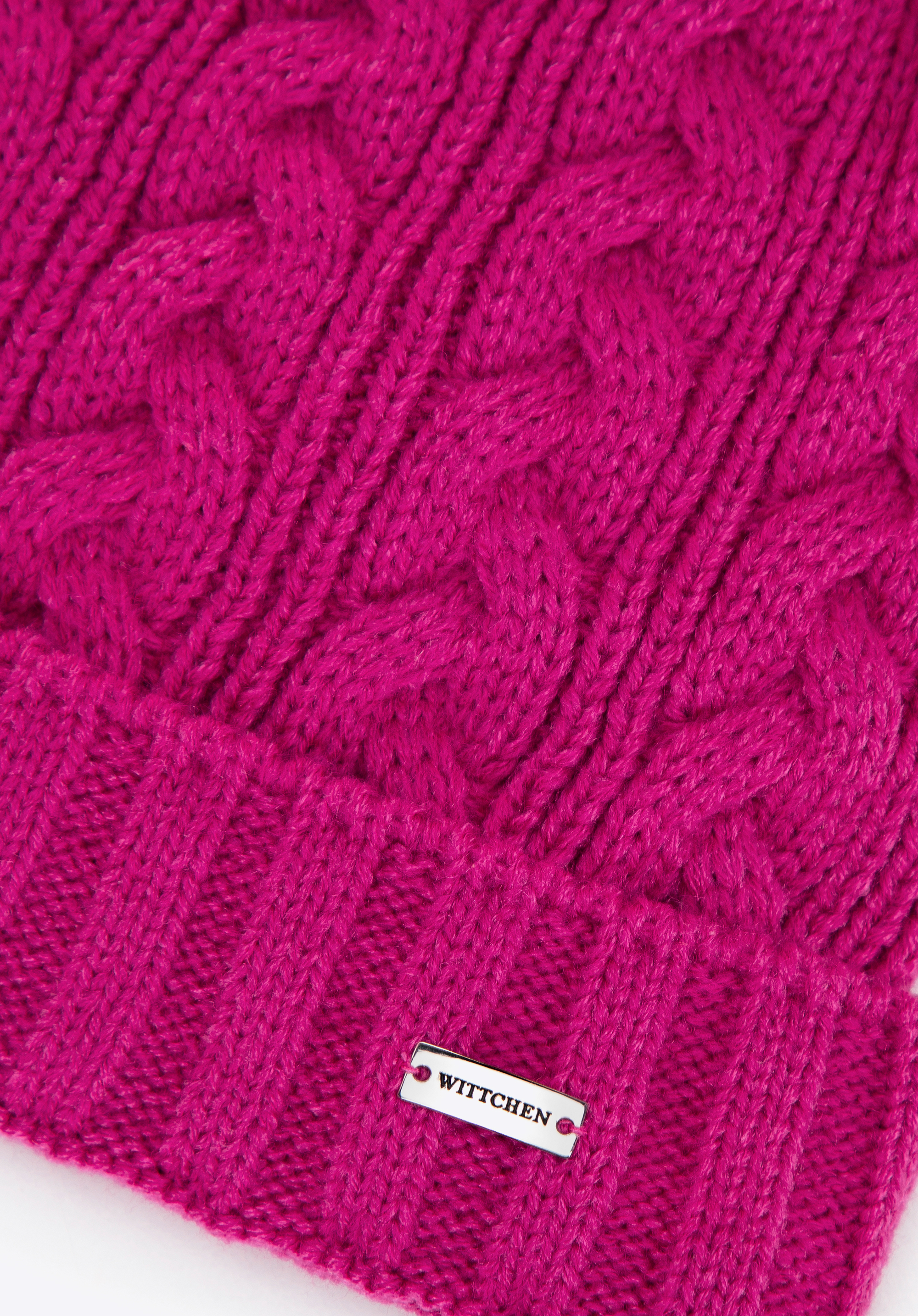 Dámská zimní čepice s copánkovým vzorem a bambulkou, fuchsie, 101-HF-016-P, Obrázek 1