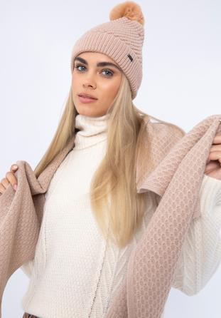 Damen-Blasenstrickmütze mit Bommel, gedämpftes rosa, 97-HF-005-9, Bild 1