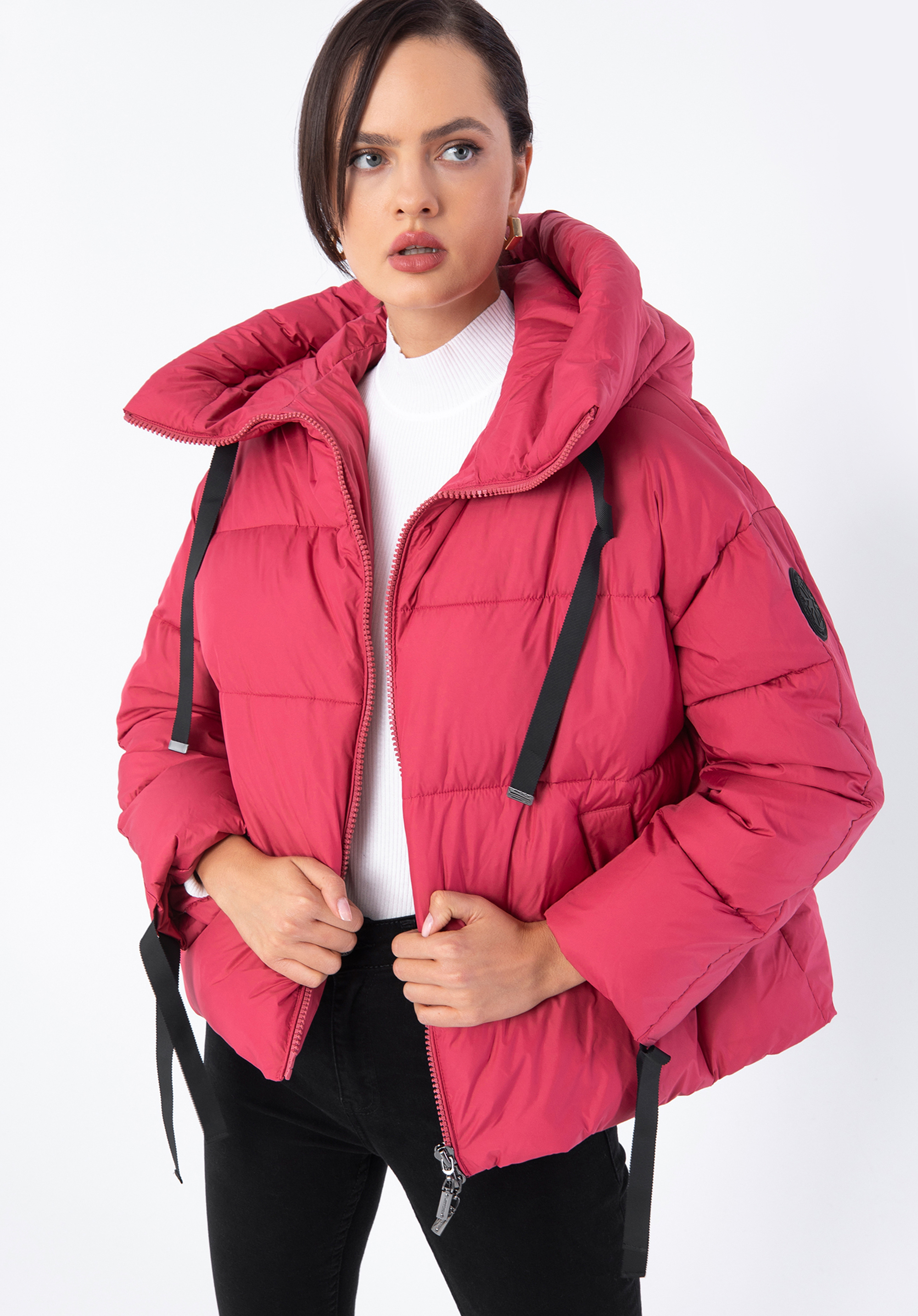 Steppjacke für Damen mit Strickbündchen an den Ärmeln - Oversize, gedämpftes rosa, 97-9D-401-P-S, Bild 1
