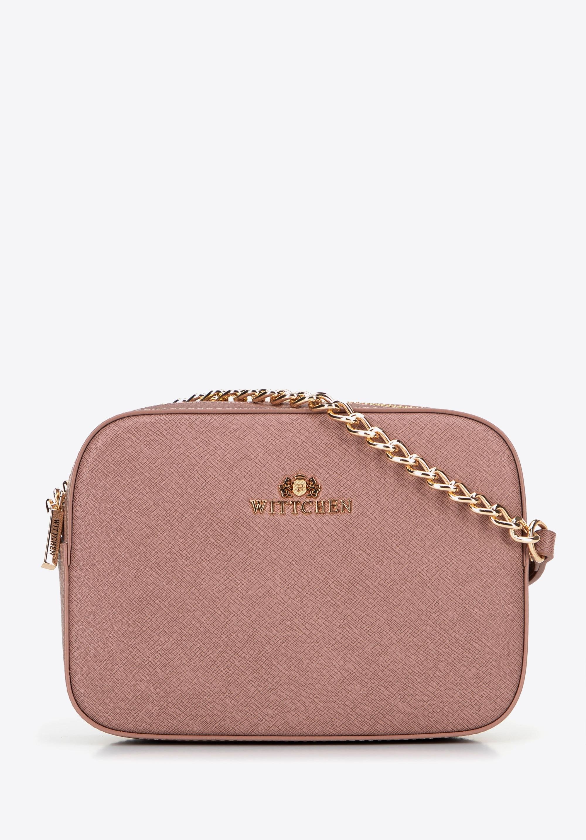 Umhängetasche aus Saffiano-Leder mit Kette, gedämpftes rosa, 29-4E-019-9, Bild 1