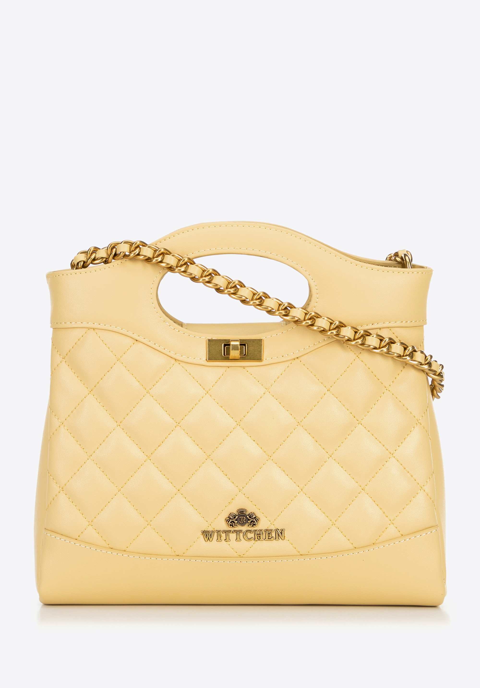 Gesteppte Mini-Tasche aus Leder mit Kette, gelb, 100-4E-230-Y, Bild 1