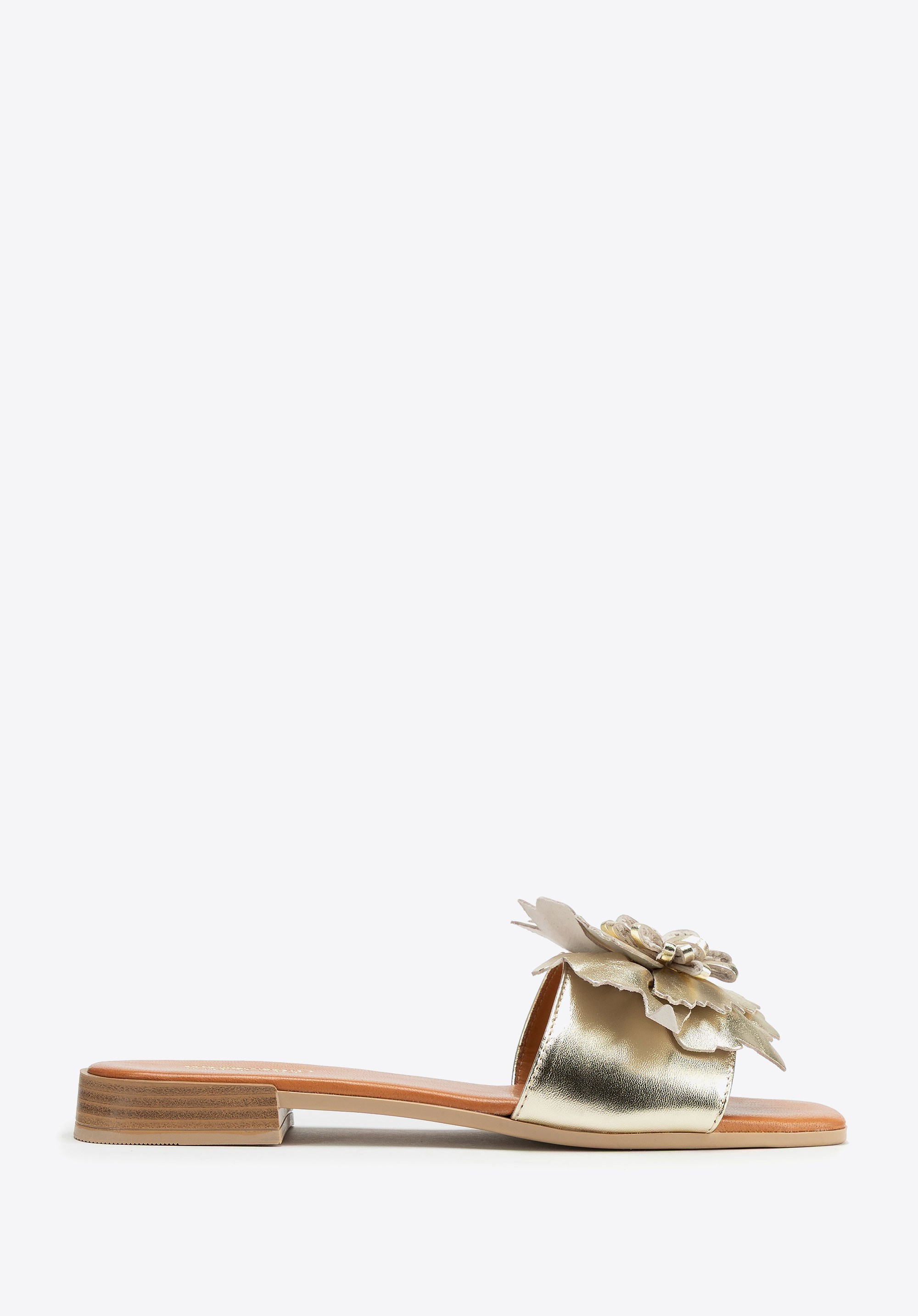 Damen-Pantoletten aus Leder mit Blumenmuster, gold, 100-D-251-G-35, Bild 1