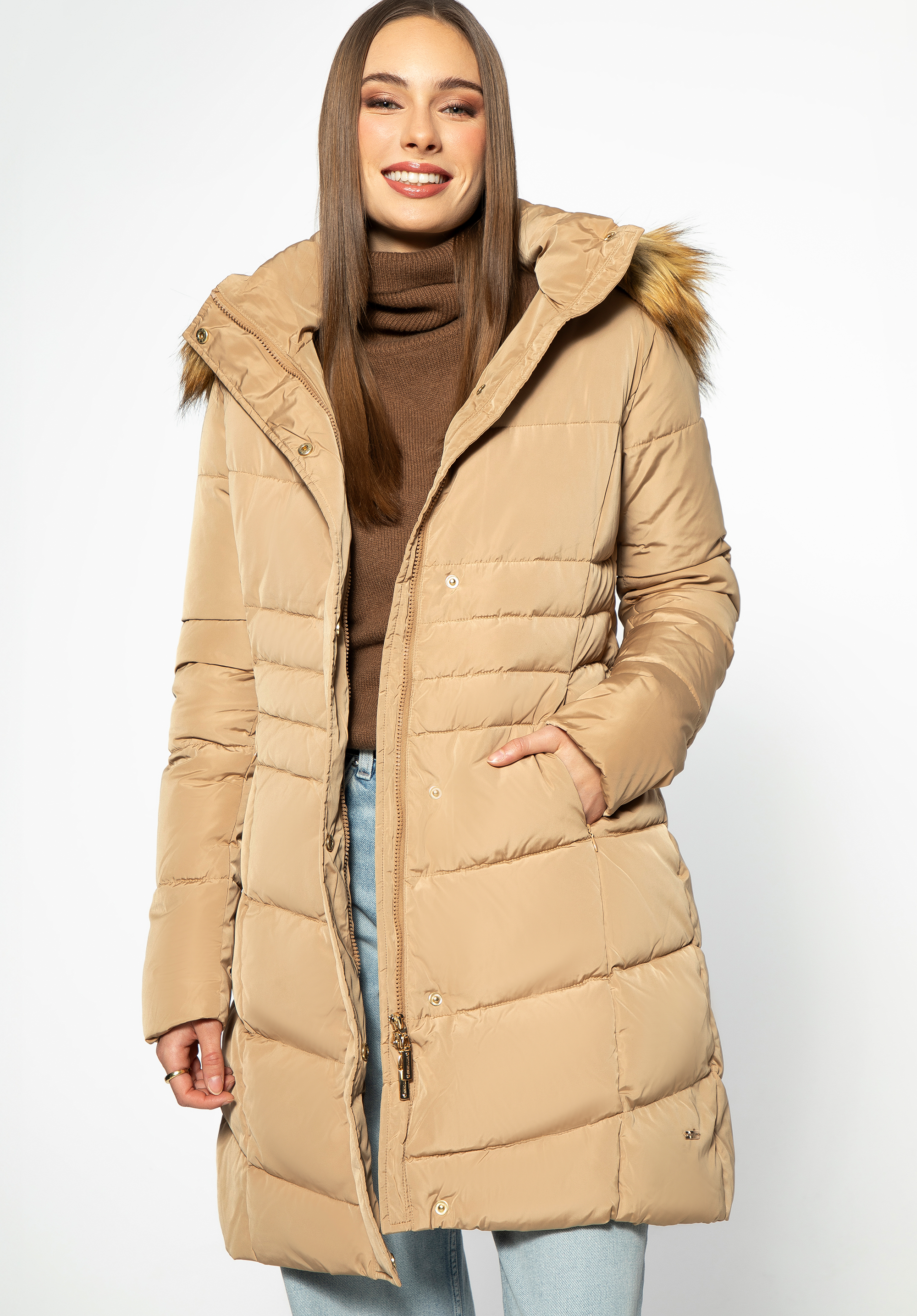 Gesteppte Daunenjacke mit Kapuze für Damen, gold, 95-9D-405-G-L, Bild 1