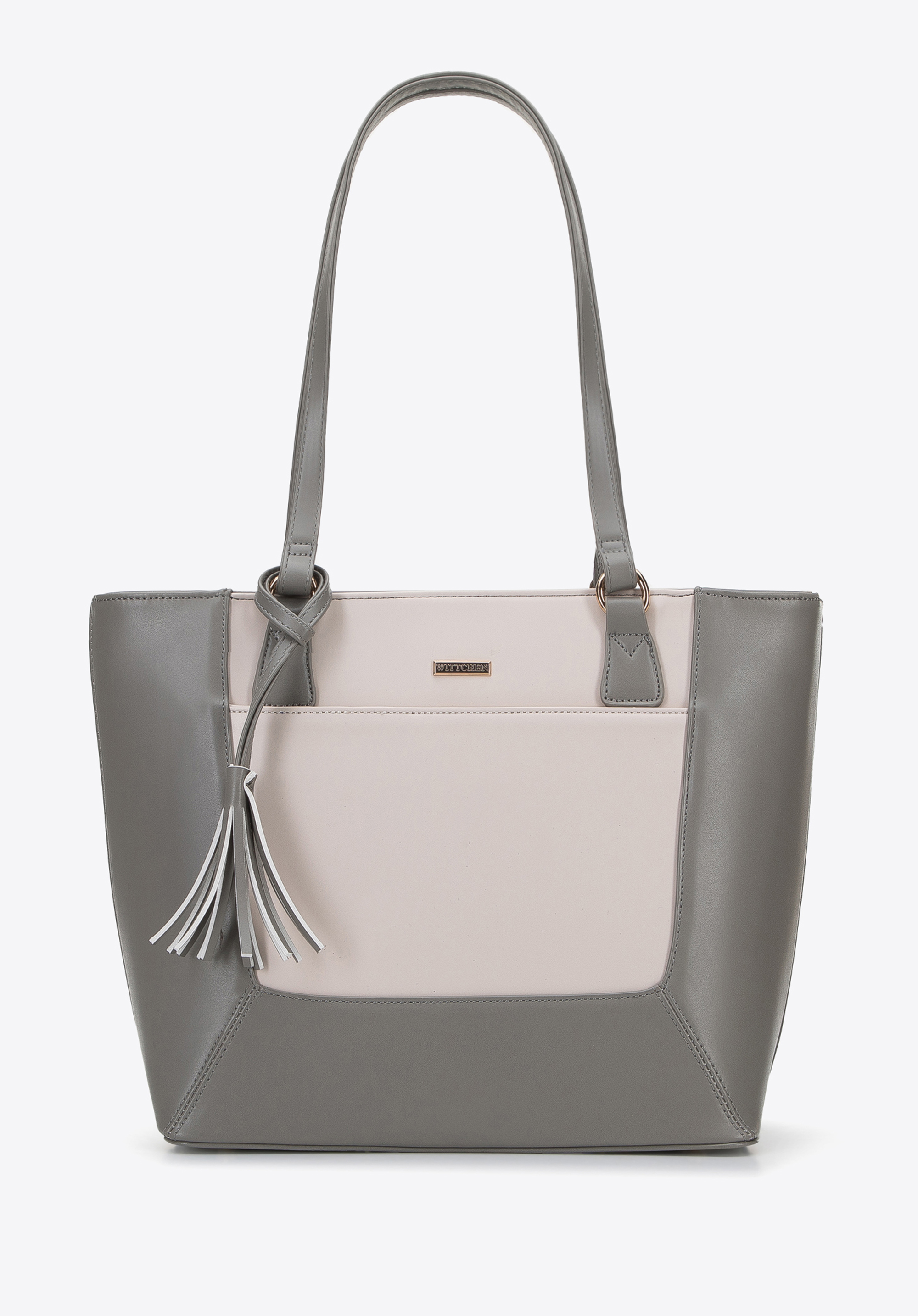 Zweifarbige Shopper-Tasche aus Öko-Leder mit Quaste, grau-creme, 96-4Y-617-1, Bild 1