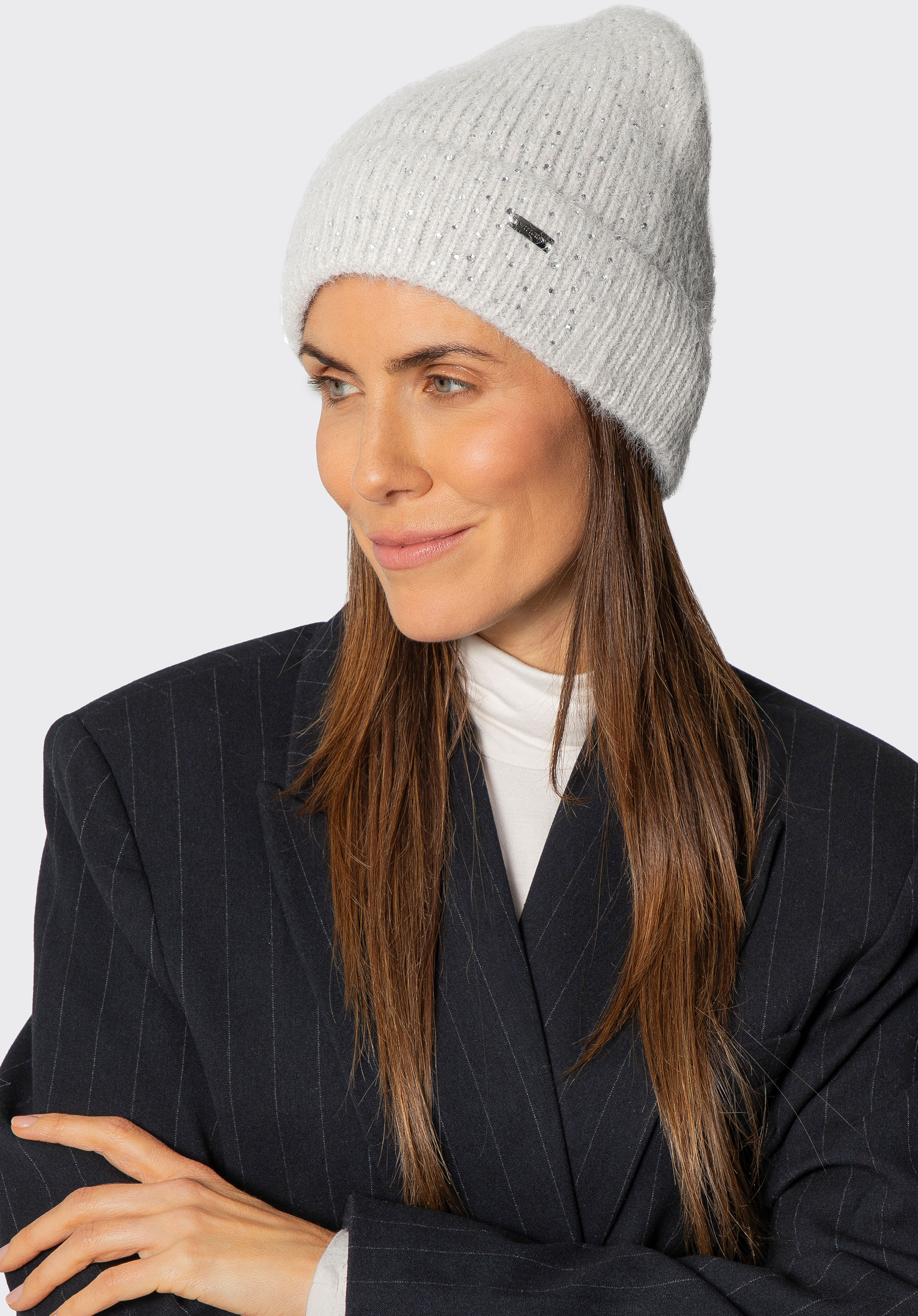 Damen-Wintermütze mit dezenten Strassverzierungen, grau, 101-HF-002-8, Bild 1