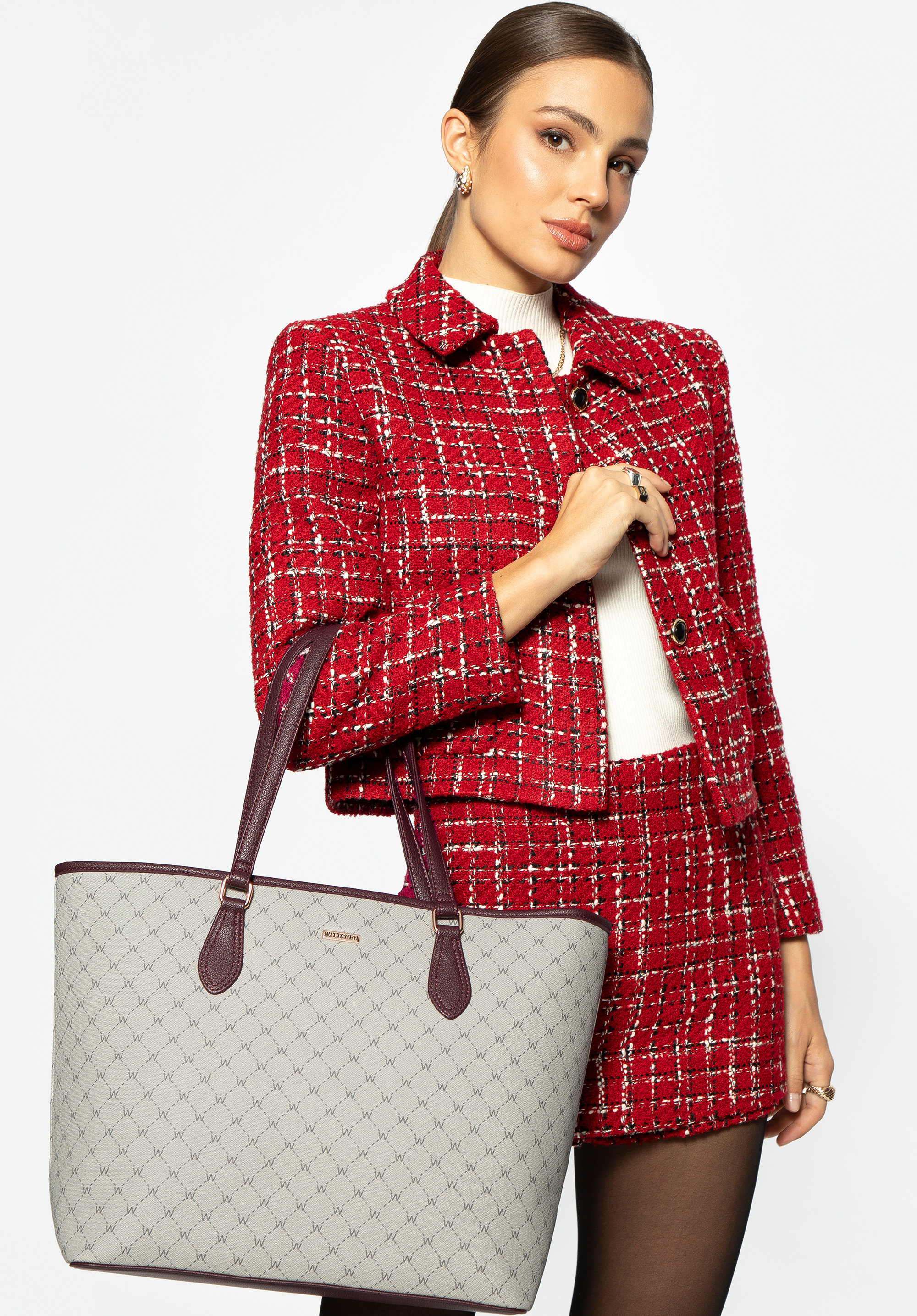Shopper-Tasche mit Monogramm für Damen, grau - dunkelrot, 99-4Y-503-9, Bild 1