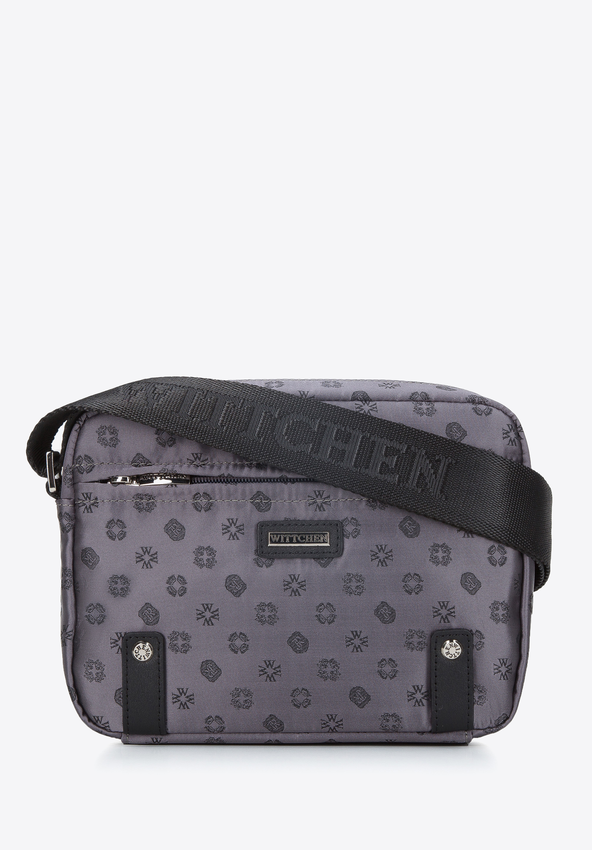 Jacquard-Damenhandtasche mit horizontalen Lederbändern, grau, 95-4-902-8, Bild 1