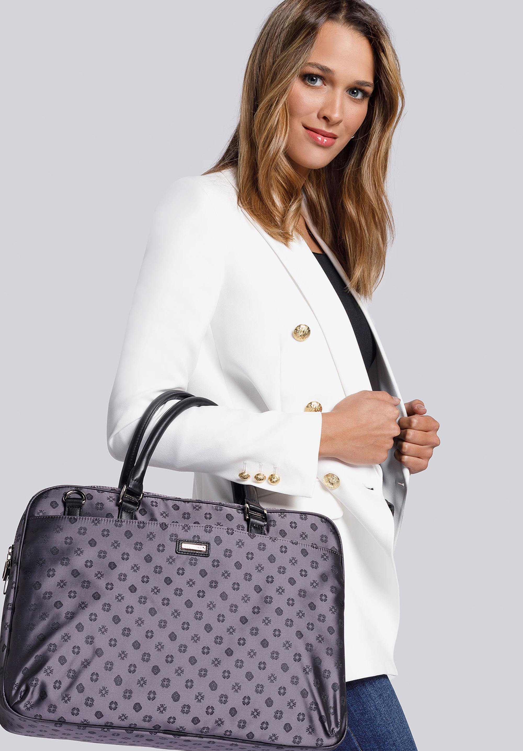 Laptoptasche für Damen aus Leder und Jacquard mit Monogramm
