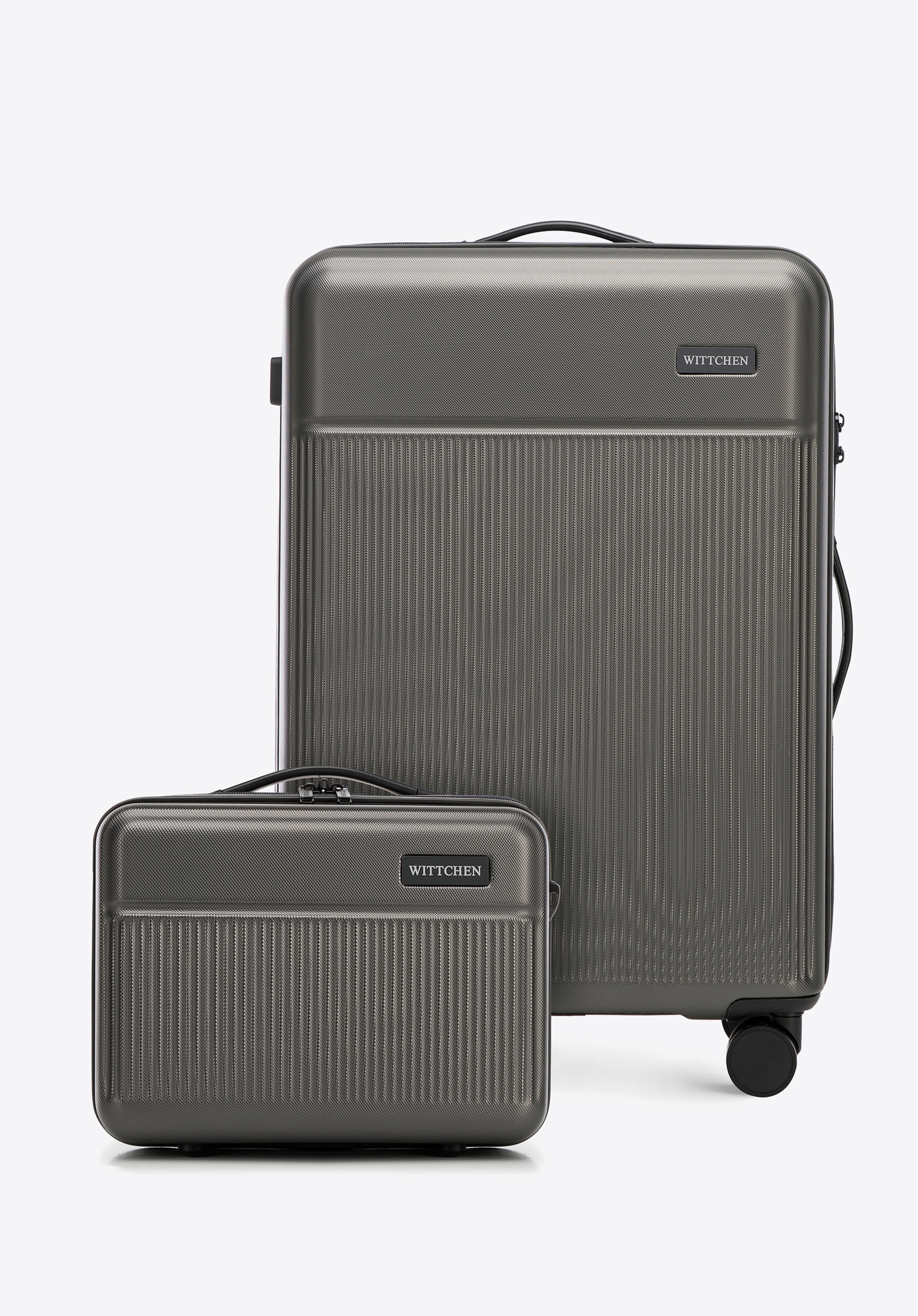 Mittlerer ABS-Koffer und Kosmetikkoffer mit vertikalen Streifen, grau, 56-3A-802-01K, Bild 1