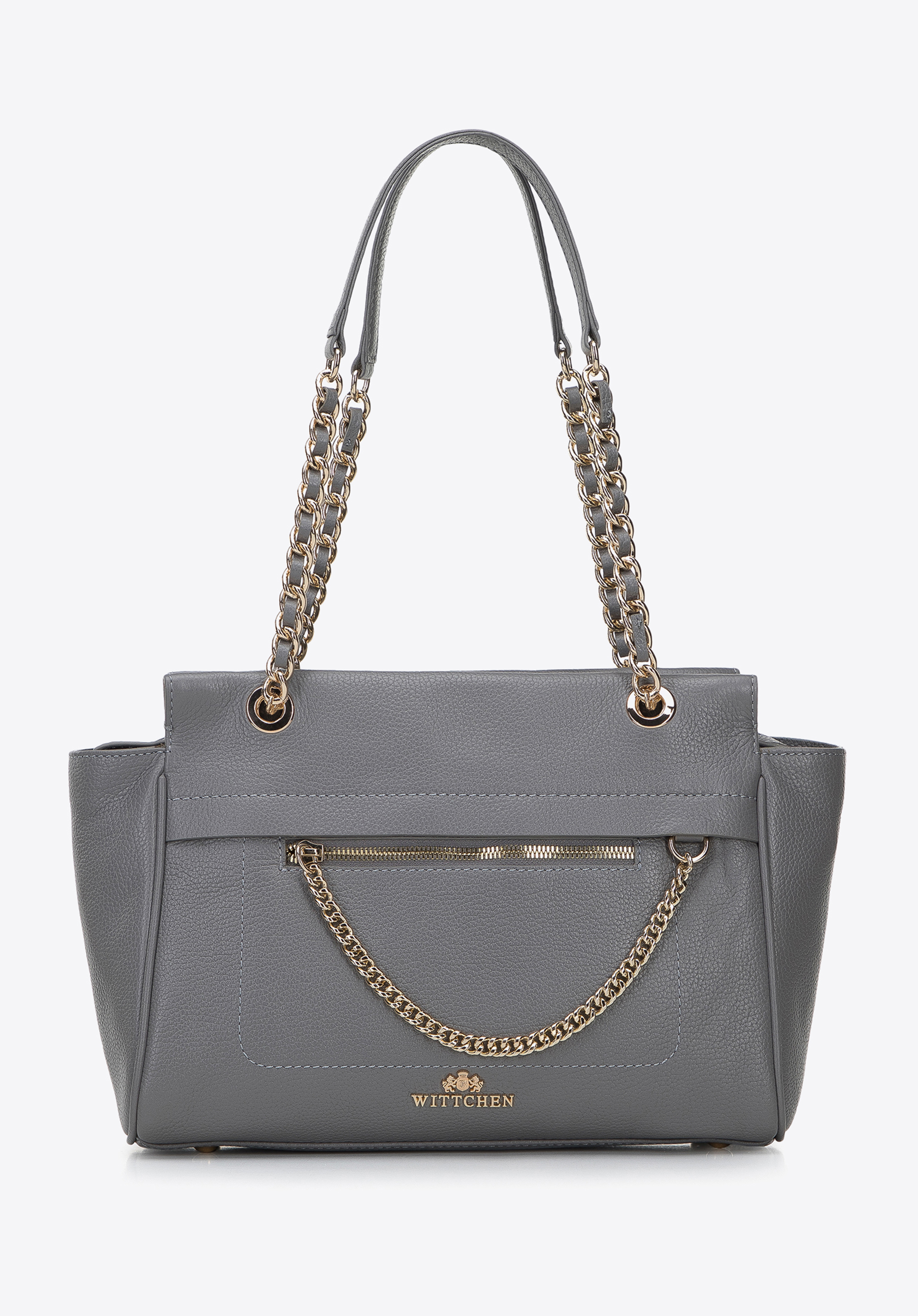 Shopper-Tasche aus Leder mit dekorativer Kette, grau, 96-4E-012-8, Bild 1