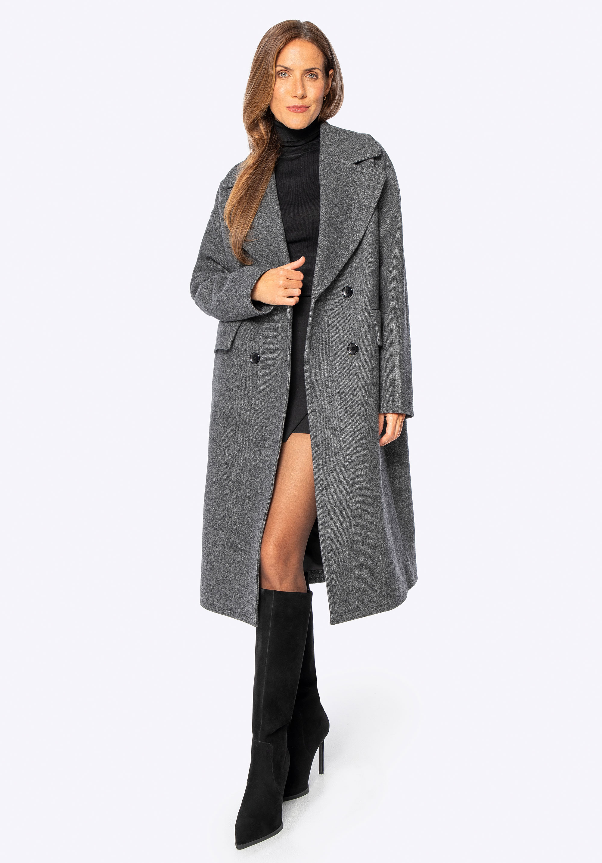 Zweireihiger Damenmantel aus Woll-Kaschmir-Mix, grau, 101-9W-702-0-L, Bild 1