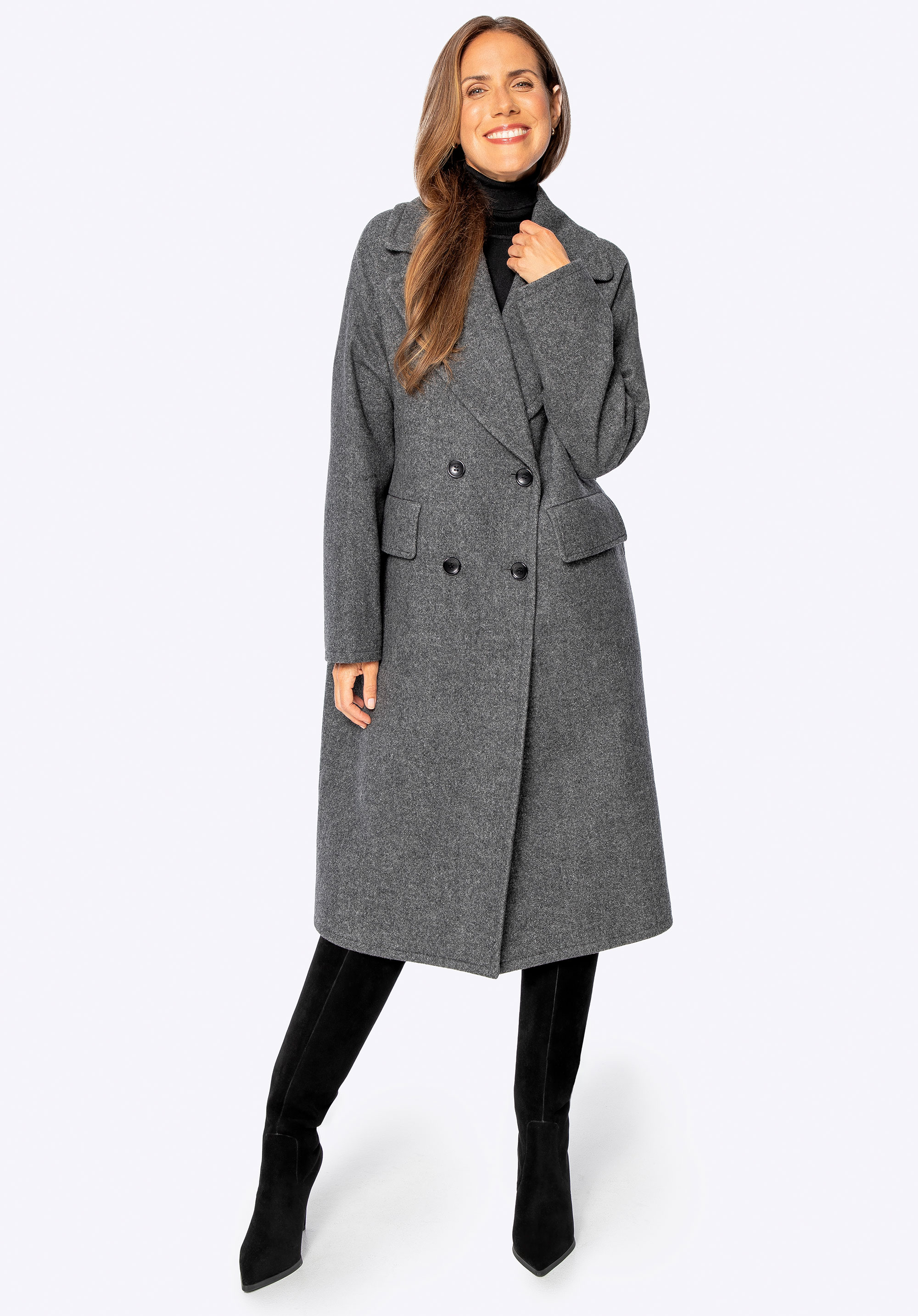 Zweireihiger Damenmantel aus Woll-Kaschmir-Mix, grau, 101-9W-702-0-L, Bild 1