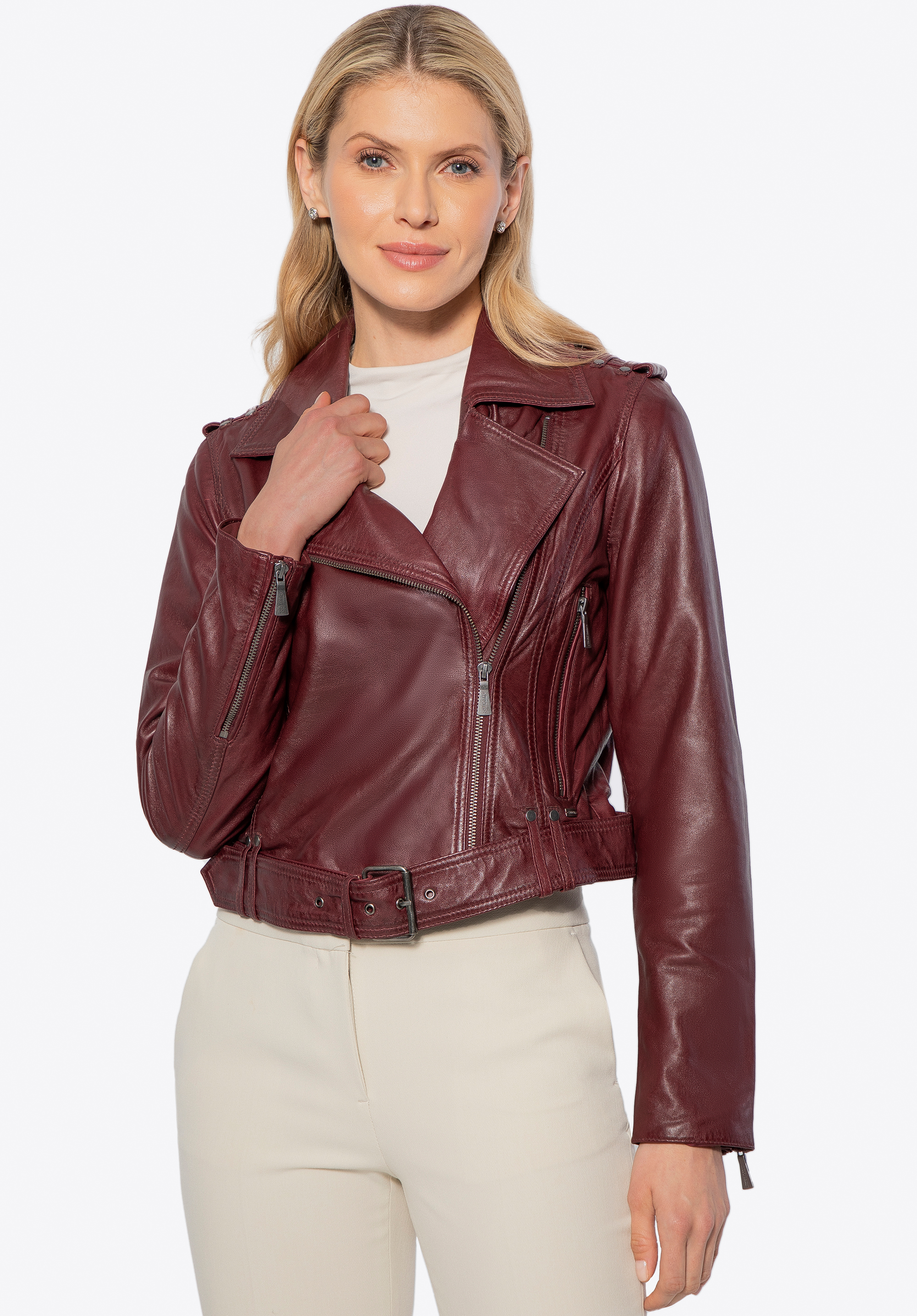 Geacă biker din piele naturală de oaie, grena, 100-09-806-3-M, Fotografie 1