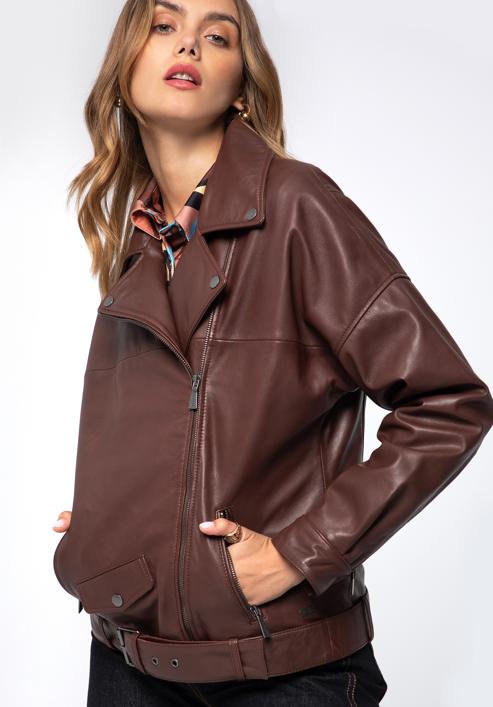 Jachetă biker din piele oversize pentru femei, grena, 97-09-201-3-S, Fotografie 3