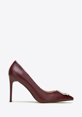 Pantofi din piele cu toc stiletto cu detaliu de cataramă strălucitor, grena, 97-D-517-3-37, Fotografie 1