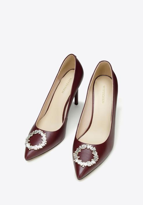 Pantofi din piele cu toc stiletto cu detaliu de cataramă strălucitor, grena, 97-D-517-5-39, Fotografie 2