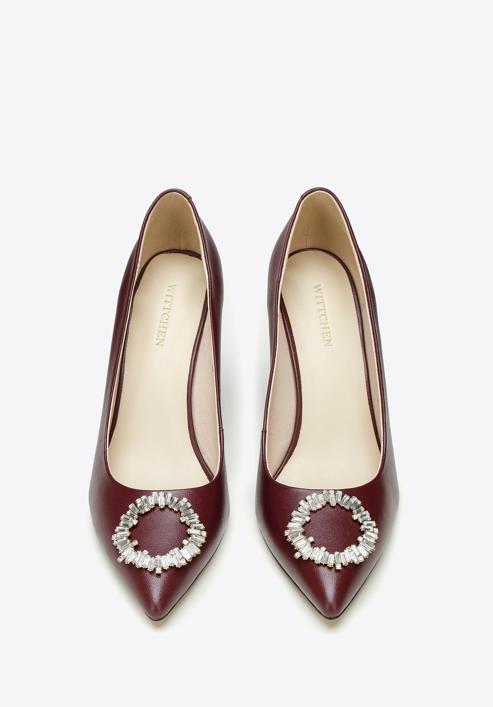 Pantofi din piele cu toc stiletto cu detaliu de cataramă strălucitor, grena, 97-D-517-5-35, Fotografie 3