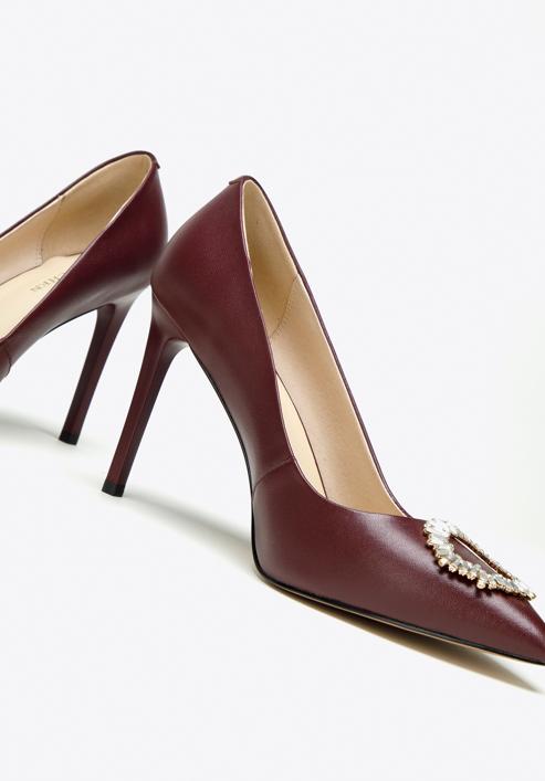 Pantofi din piele cu toc stiletto cu detaliu de cataramă strălucitor, grena, 97-D-517-5-41, Fotografie 8