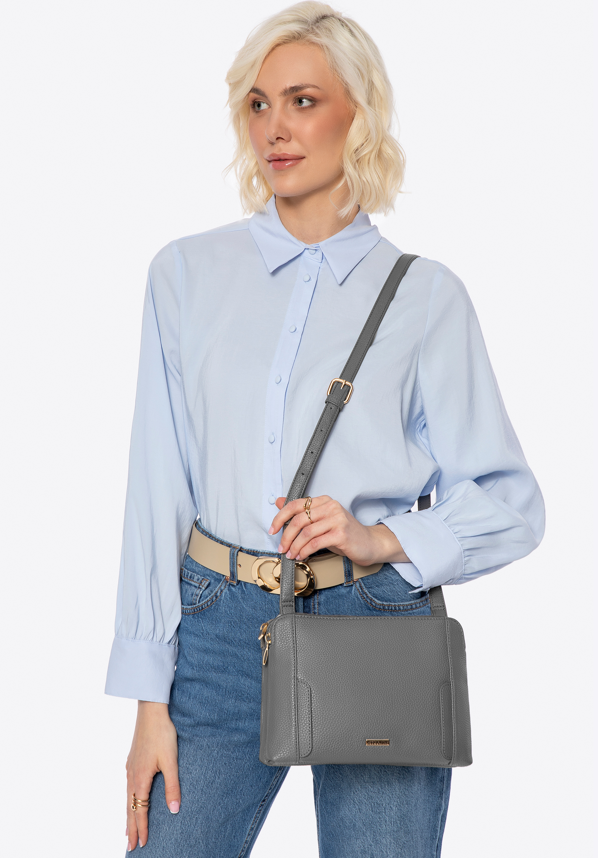 Geantă crossbody pentru femei cu două compartimente, gri - auriu, 100-4Y-009-8G, Fotografie 1