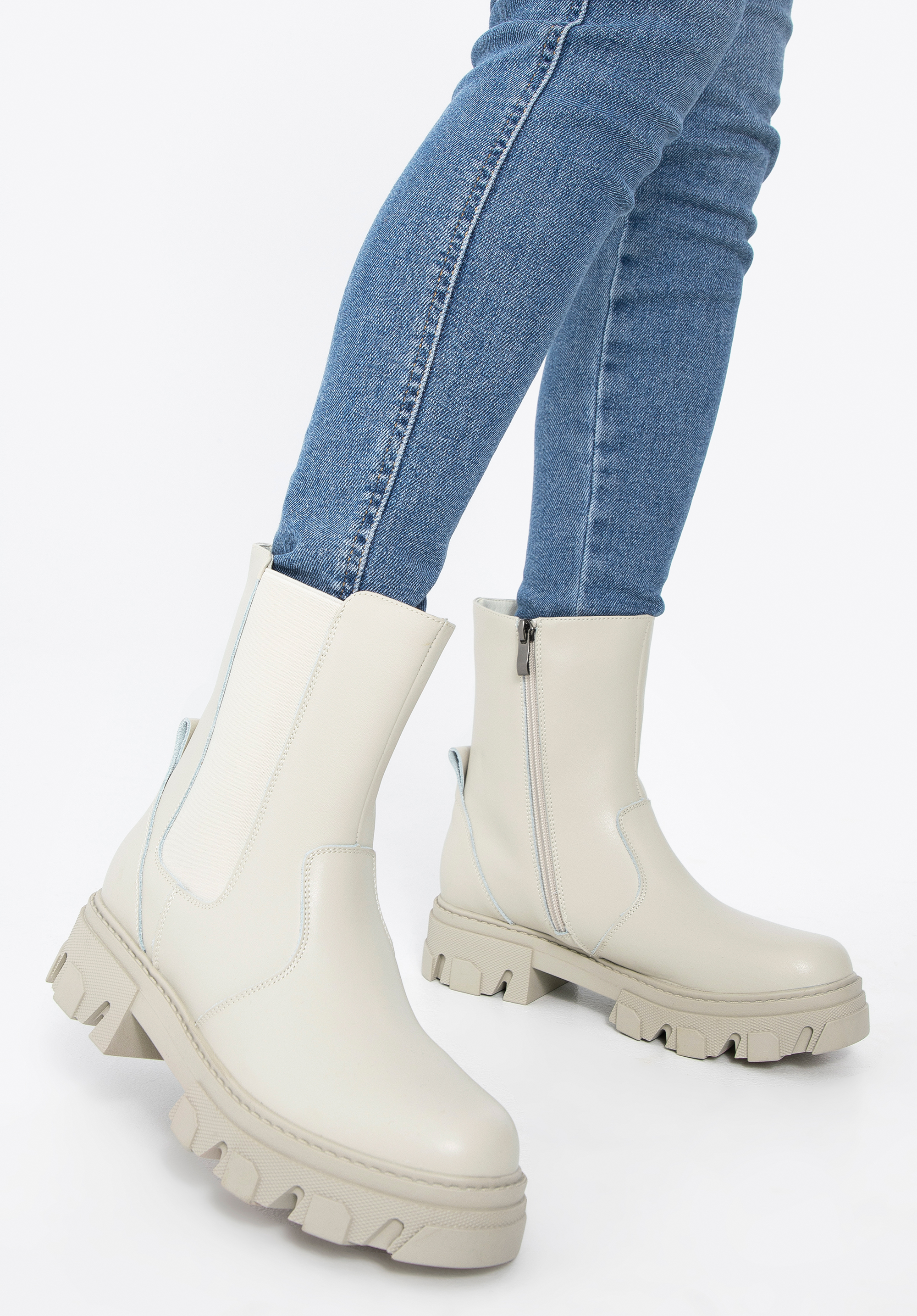 Botine cu platformă din piele, gri bej, 97-D-858-0-41, Fotografie 1