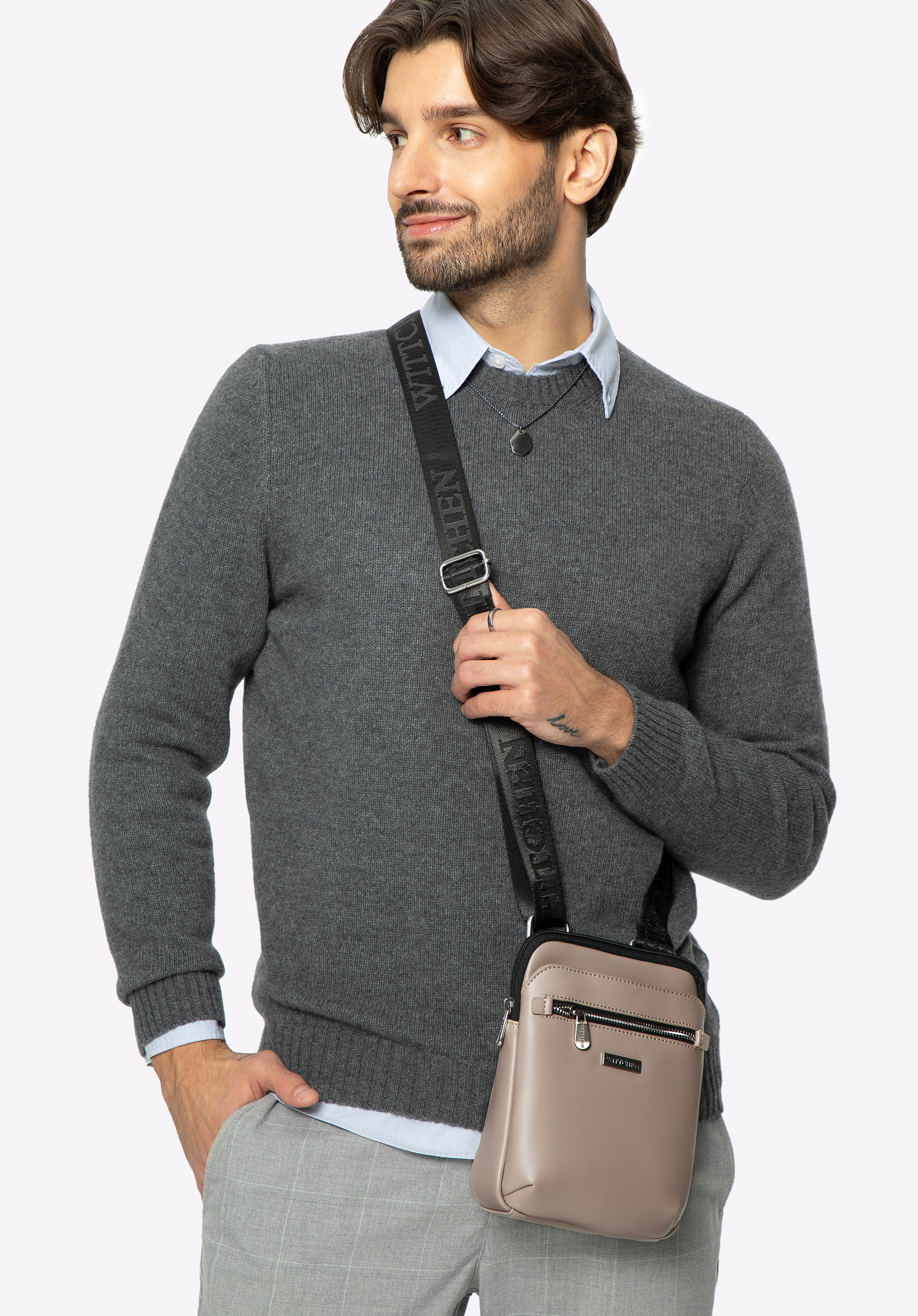 Geantă de bărbați din piele artificială cu buzunare, gri bej, 98-4P-506-9, Fotografie 1