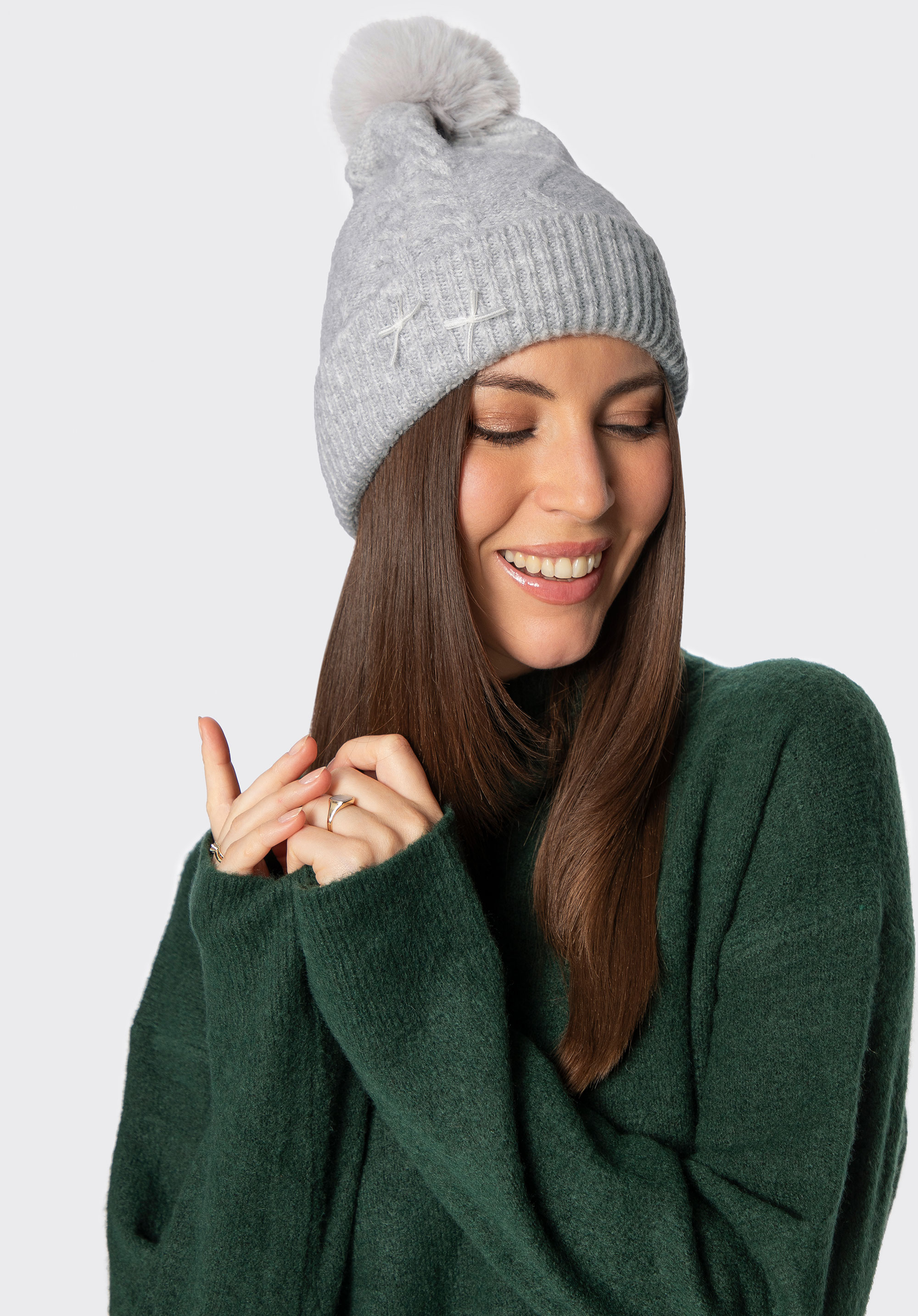 Căciulă de iarnă pentru femei cu pompoane și detalii cu funde, gri, 101-HF-207-8, Fotografie 1