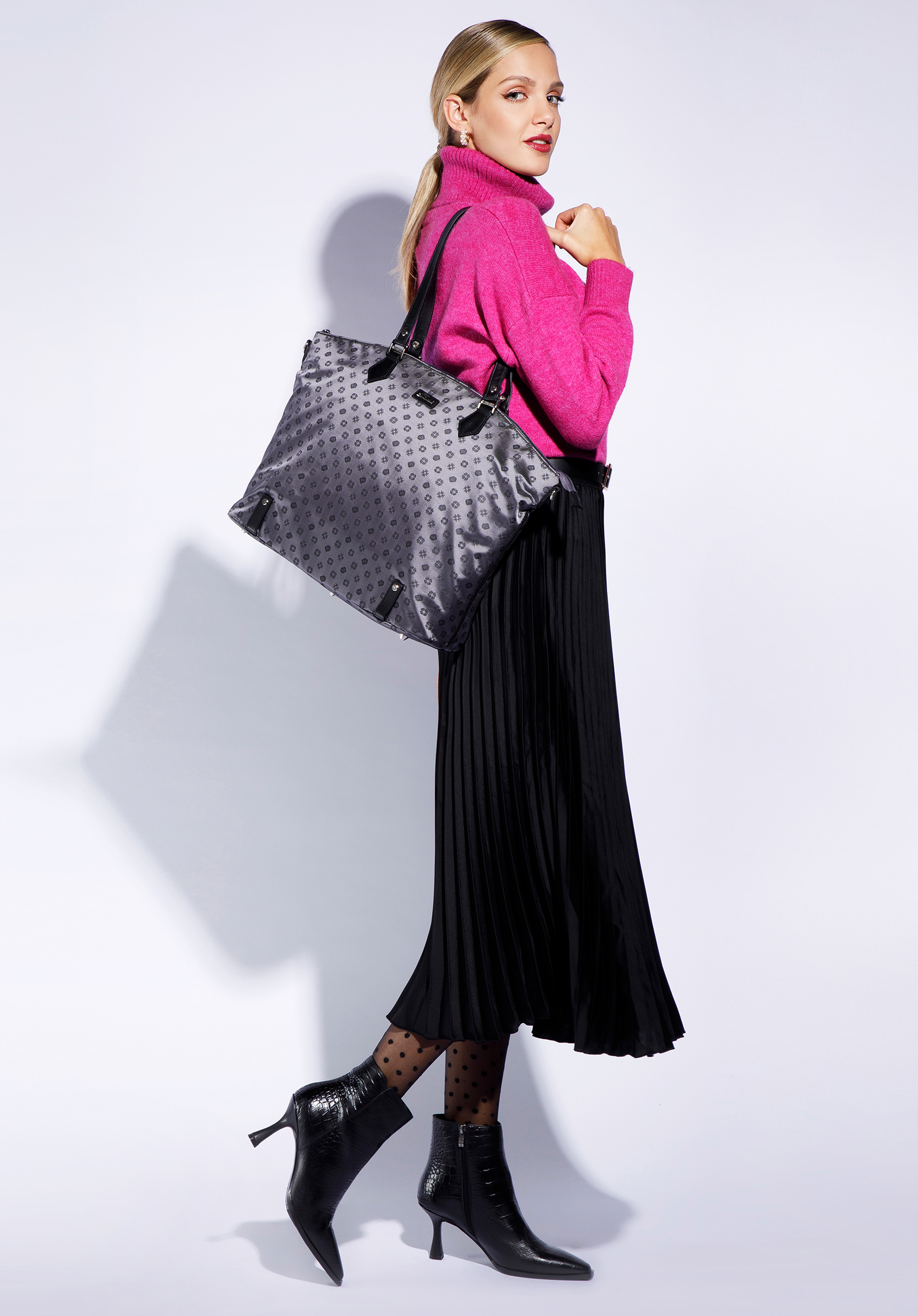 Geanta tip shopper din jacquard si piele gri