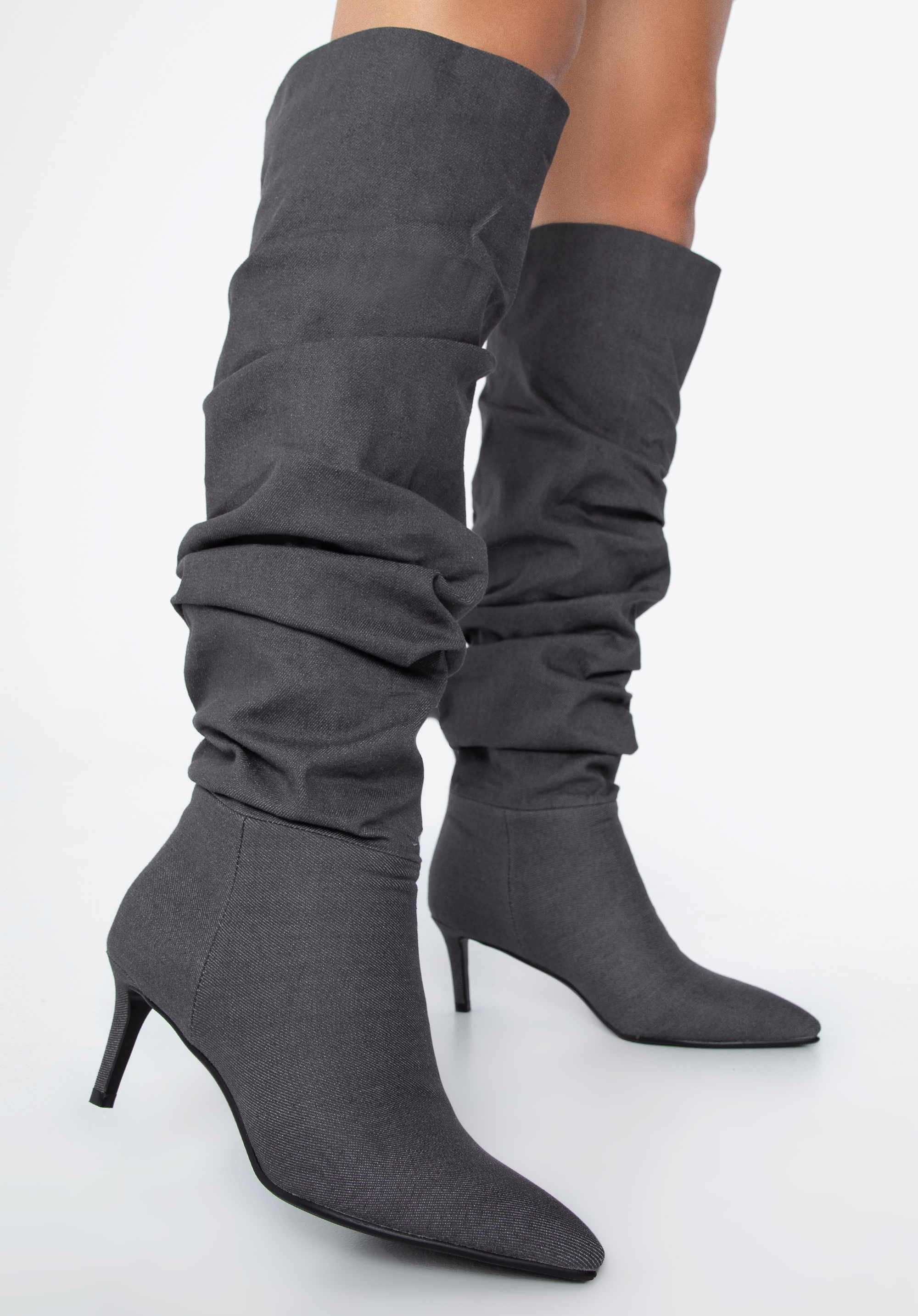 Cizme din denim cu toc stiletto, gri închis, 97-D-523-1-35, Fotografie 1