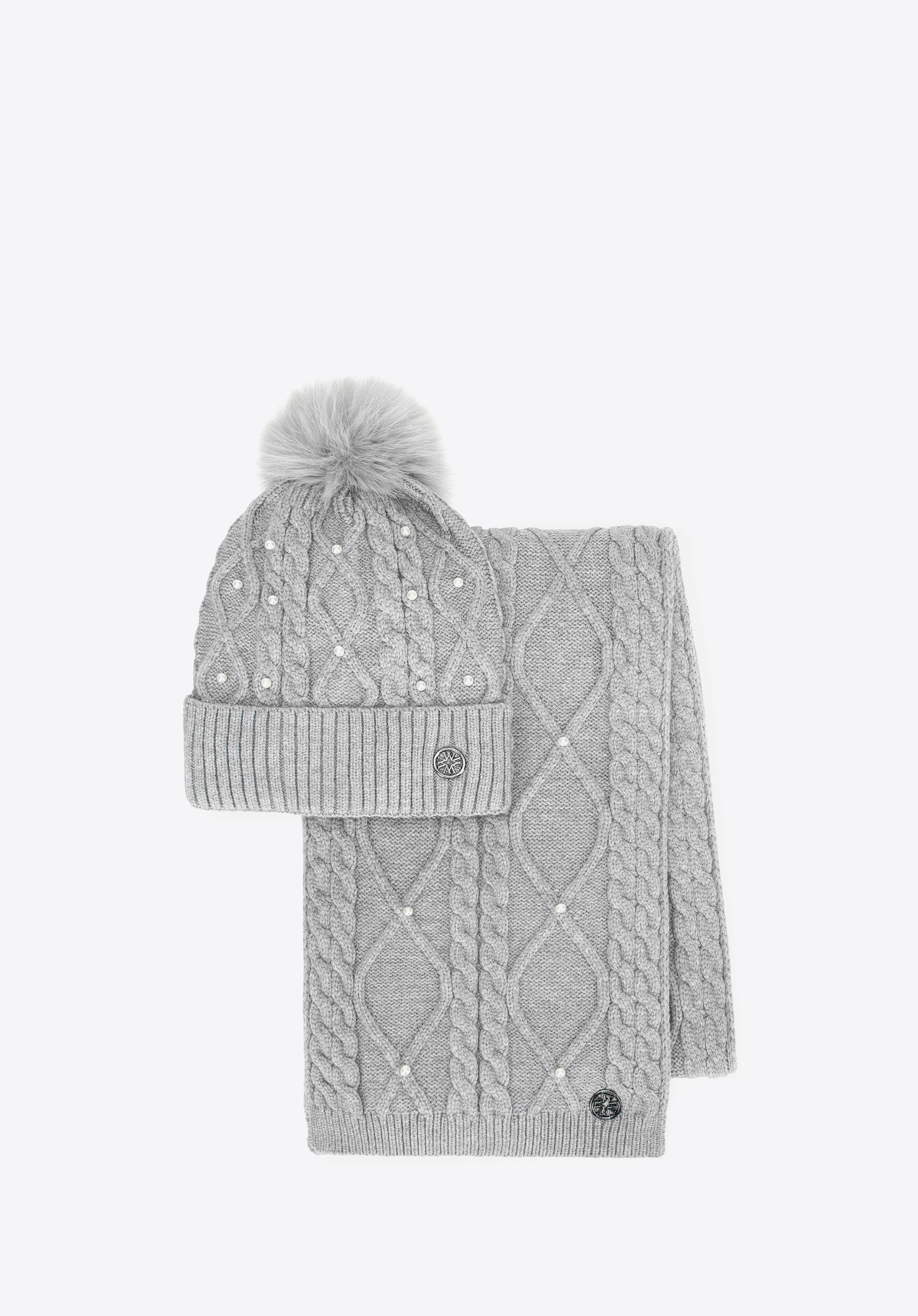 Set de iarnă pentru femei, decorat cu perle, gri, 101-SF-023-8, Fotografie 1