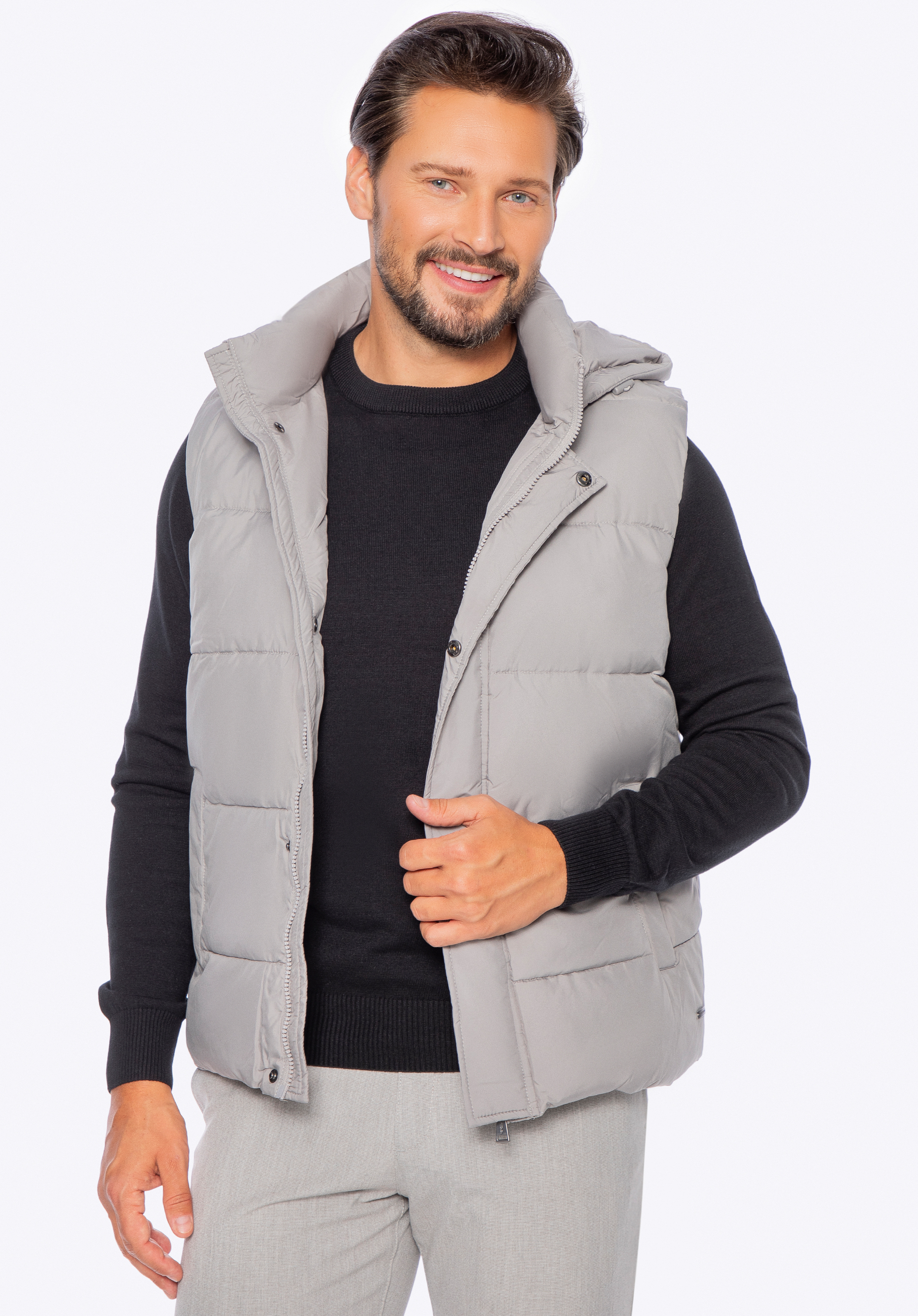 Vestă bărbătească matlasată cu glugă detașabilă gri