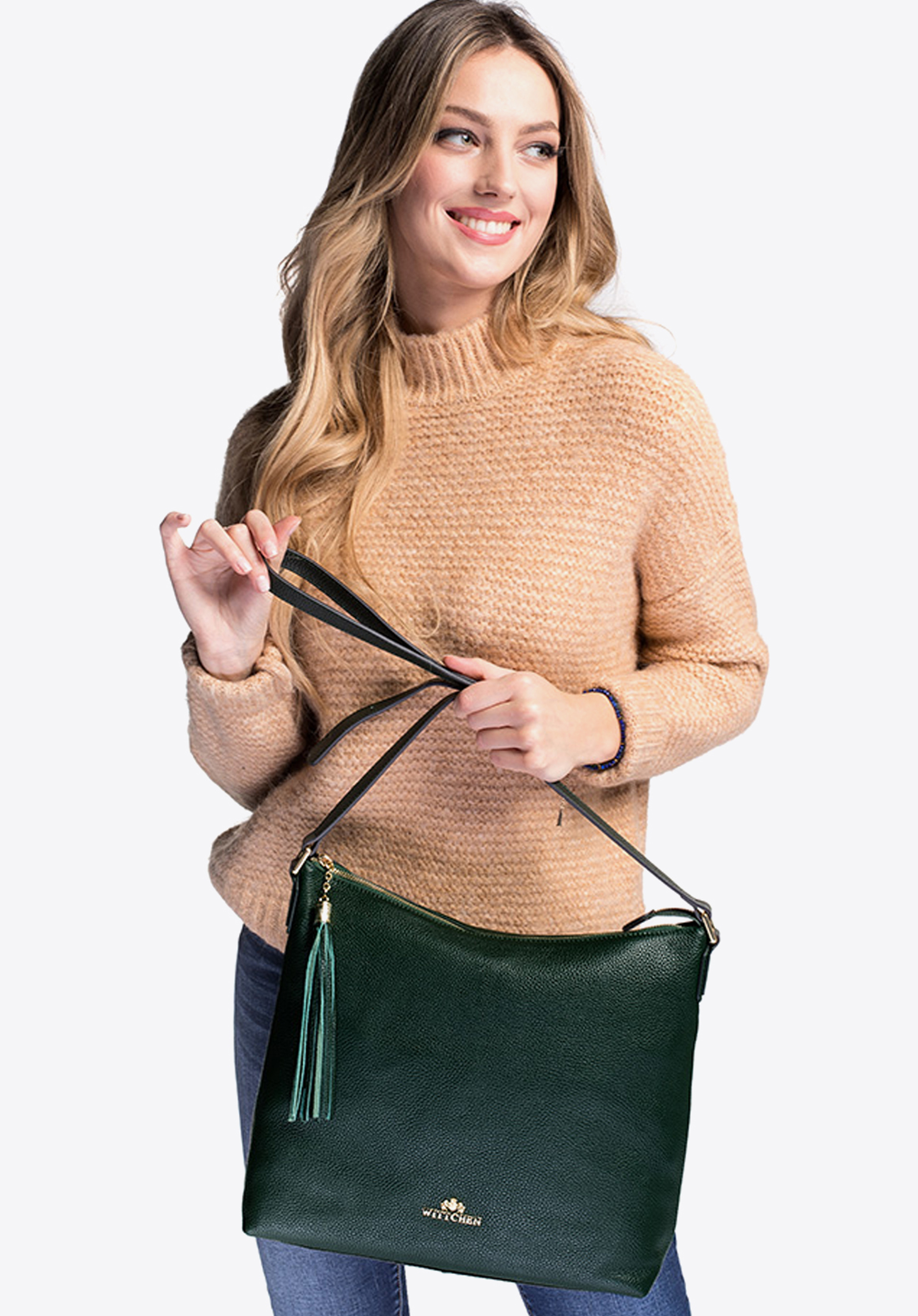 BEUTELTASCHE AUS ECHTLEDER MIT QUASTENANHÄNGER, grün, 29-4E-008-Z, Bild 1
