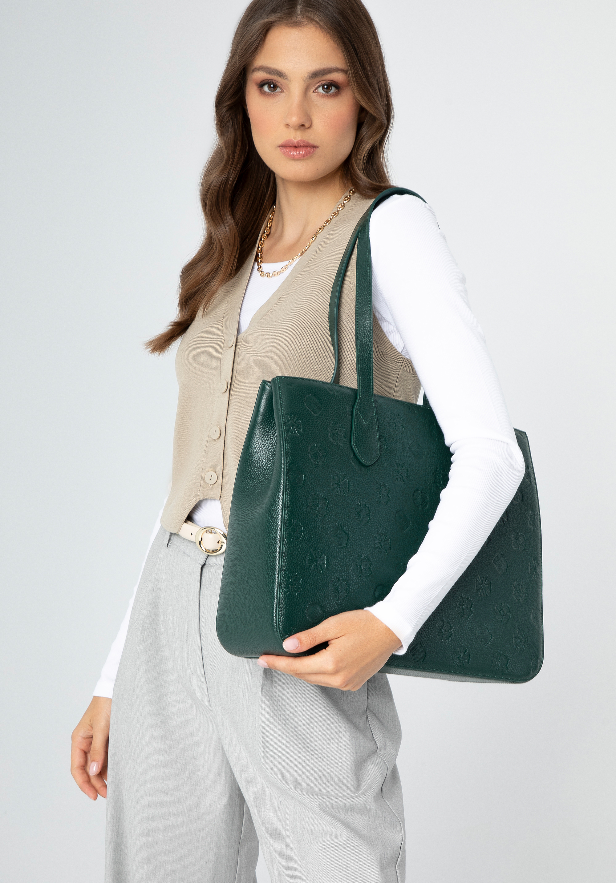 Damen-Shopper aus Leder mit Monogramm, grün, 99-4E-613-Z, Bild 1