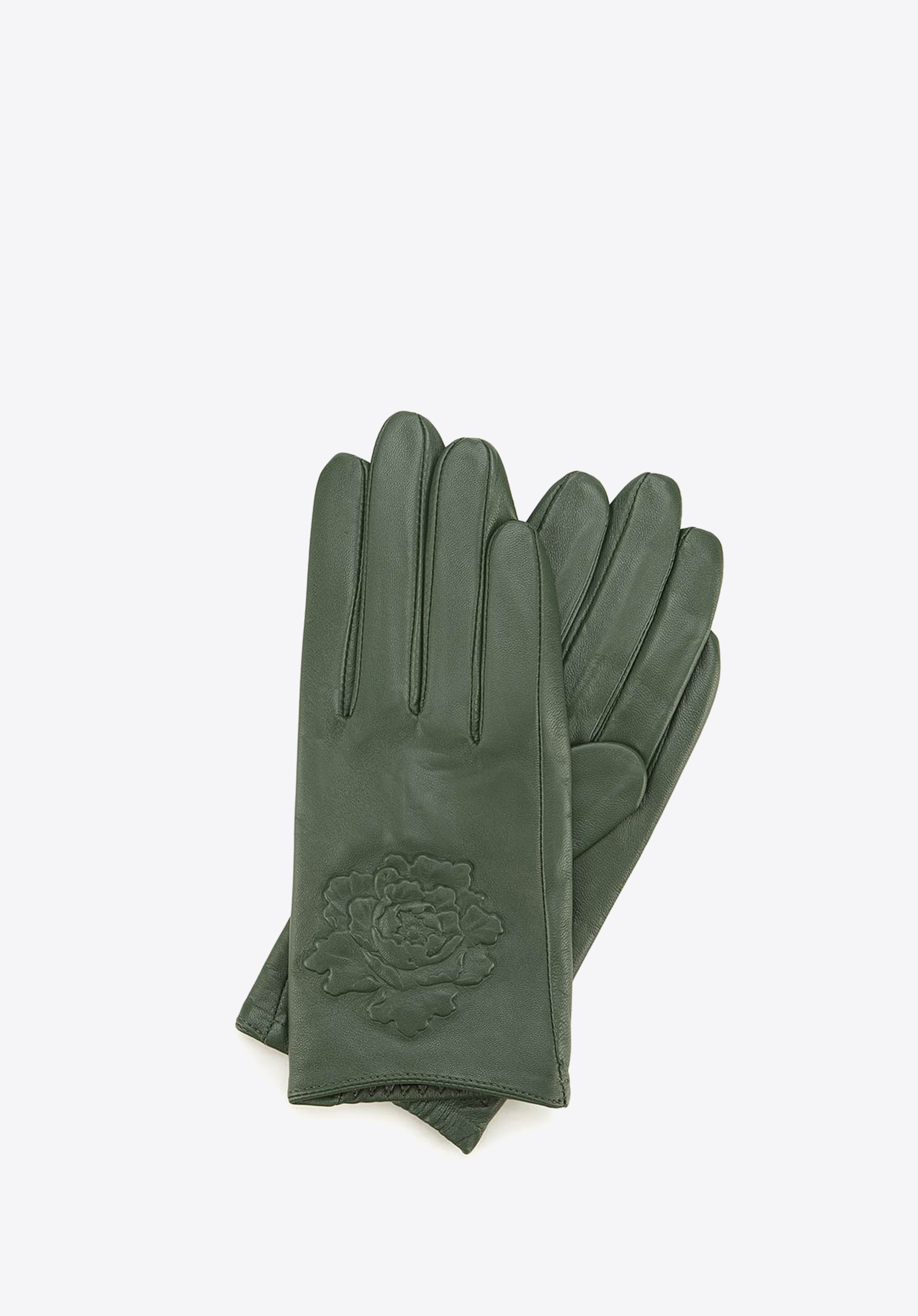 Damenlederhandschuhe mit Rosenprägung, grün, 45-6-523-Z-M, Bild 1