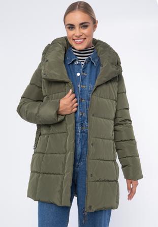 Daunenjacke für Damen mit Gürtel und hohem Kragen, grün, 97-9D-400-Z-2XL, Bild 1