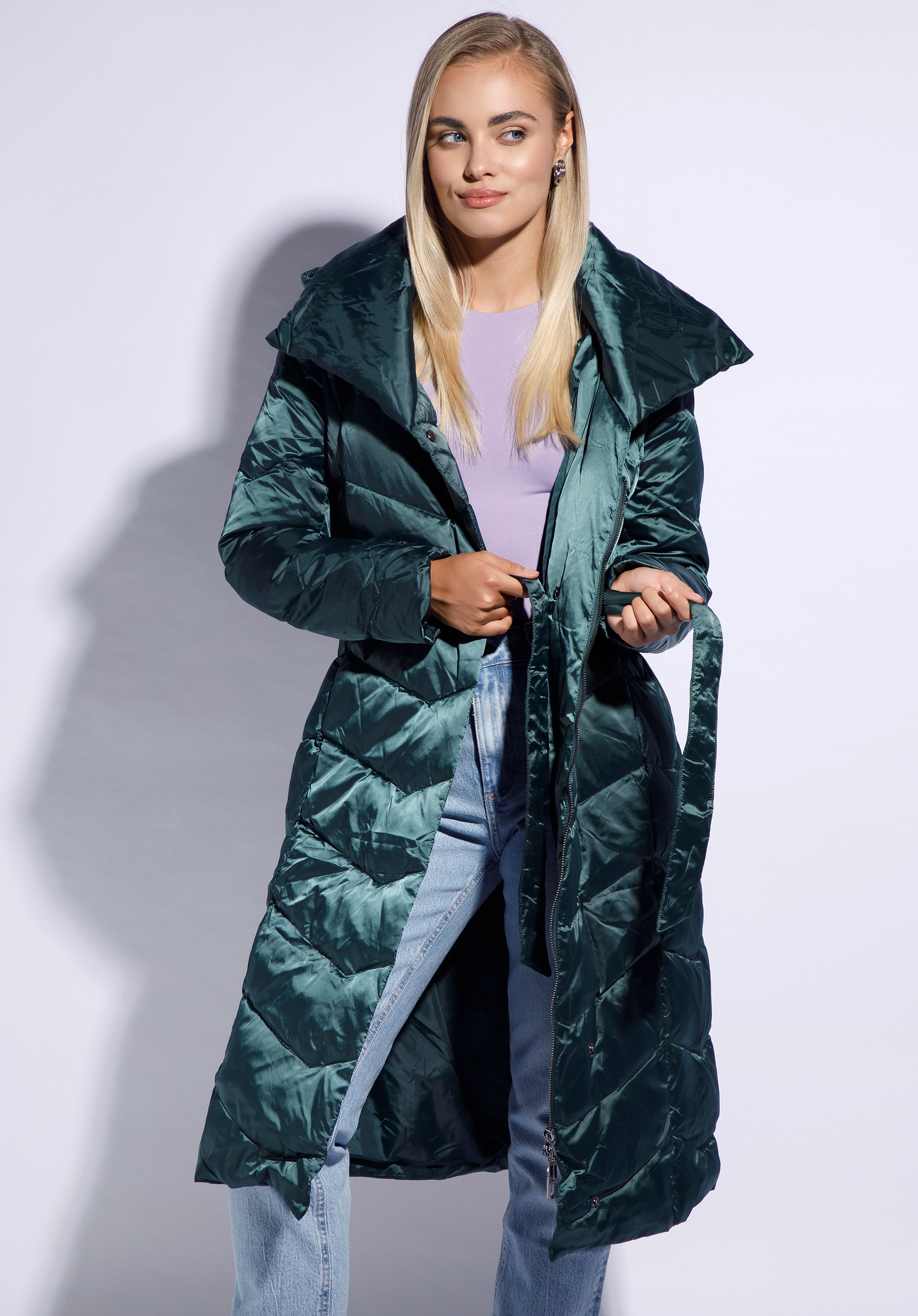 Daunenmantel für Damen mit Kapuze, grün, 95-9D-401-Z-2XL, Bild 1