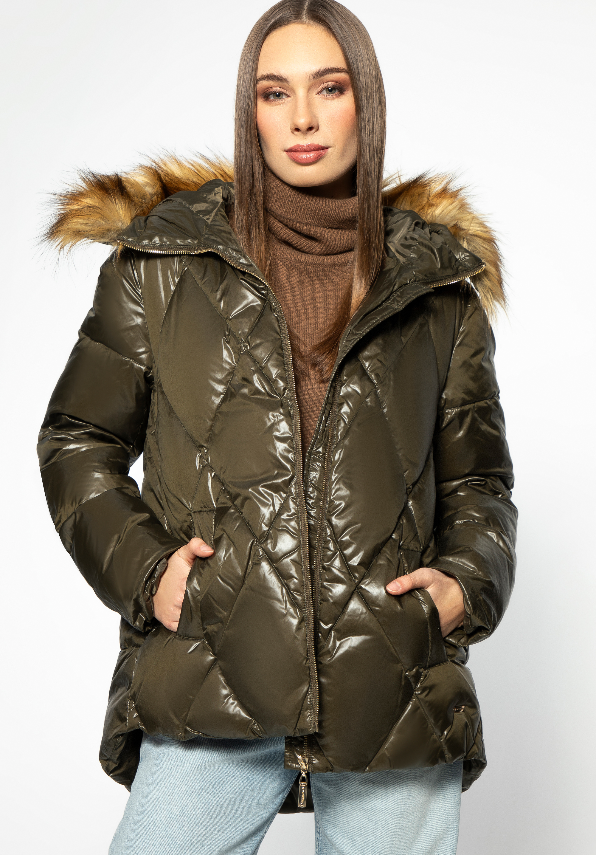 Gesteppte trapezförmige Daunensteppjacke für Damen, grün, 95-9D-406-Z-XS, Bild 1